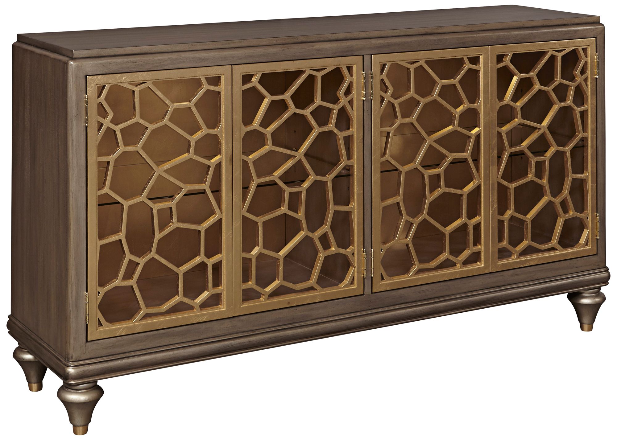 Isabelle 60" Wide Pierced Gold Leaf 4-Door Console