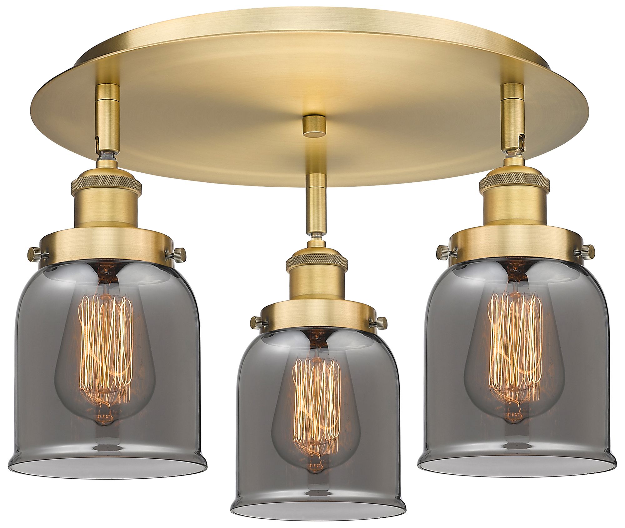 Innovations Lighting Bell 16.75"w 3 Light Brushed Brass Flush Mount W/ Plated Smoke Glass S