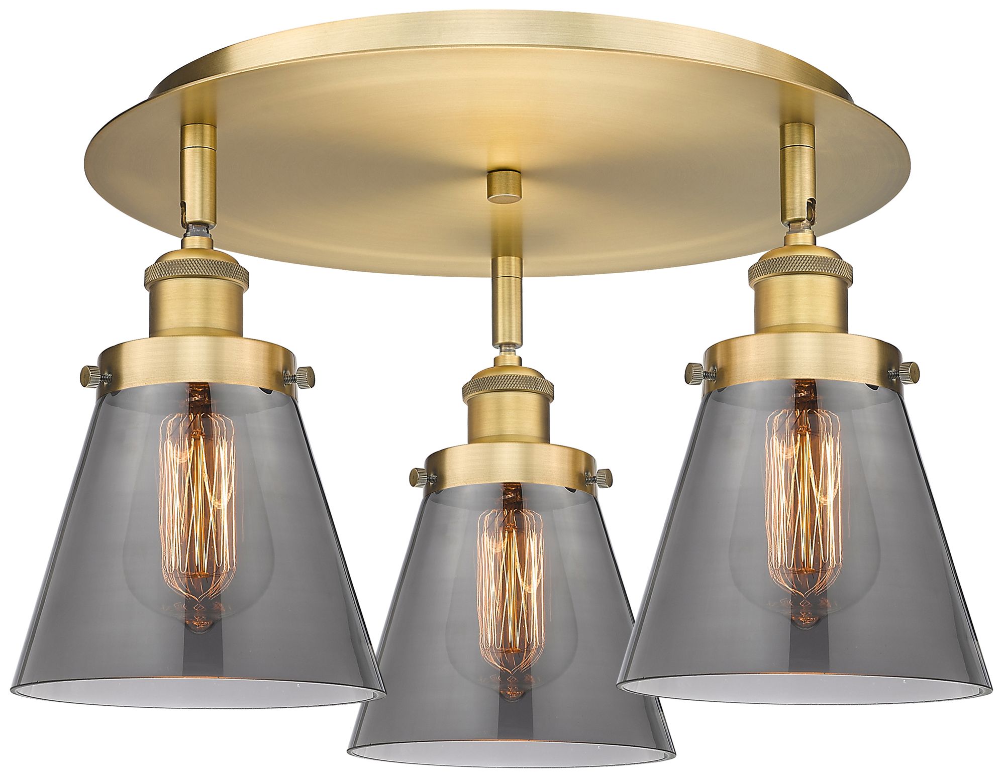 Innovations Lighting Cone 18"w 3 Light Brushed Brass Flush Mount With Plated Smoke Glass Sh