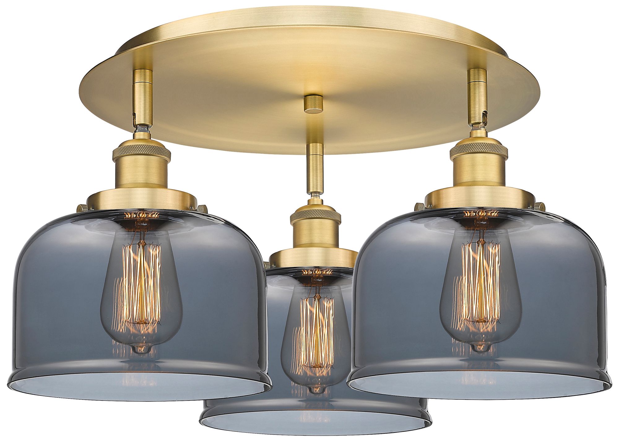 Innovations Lighting Bell 19.75"w 3 Light Brushed Brass Flush Mount W/ Plated Smoke Glass S