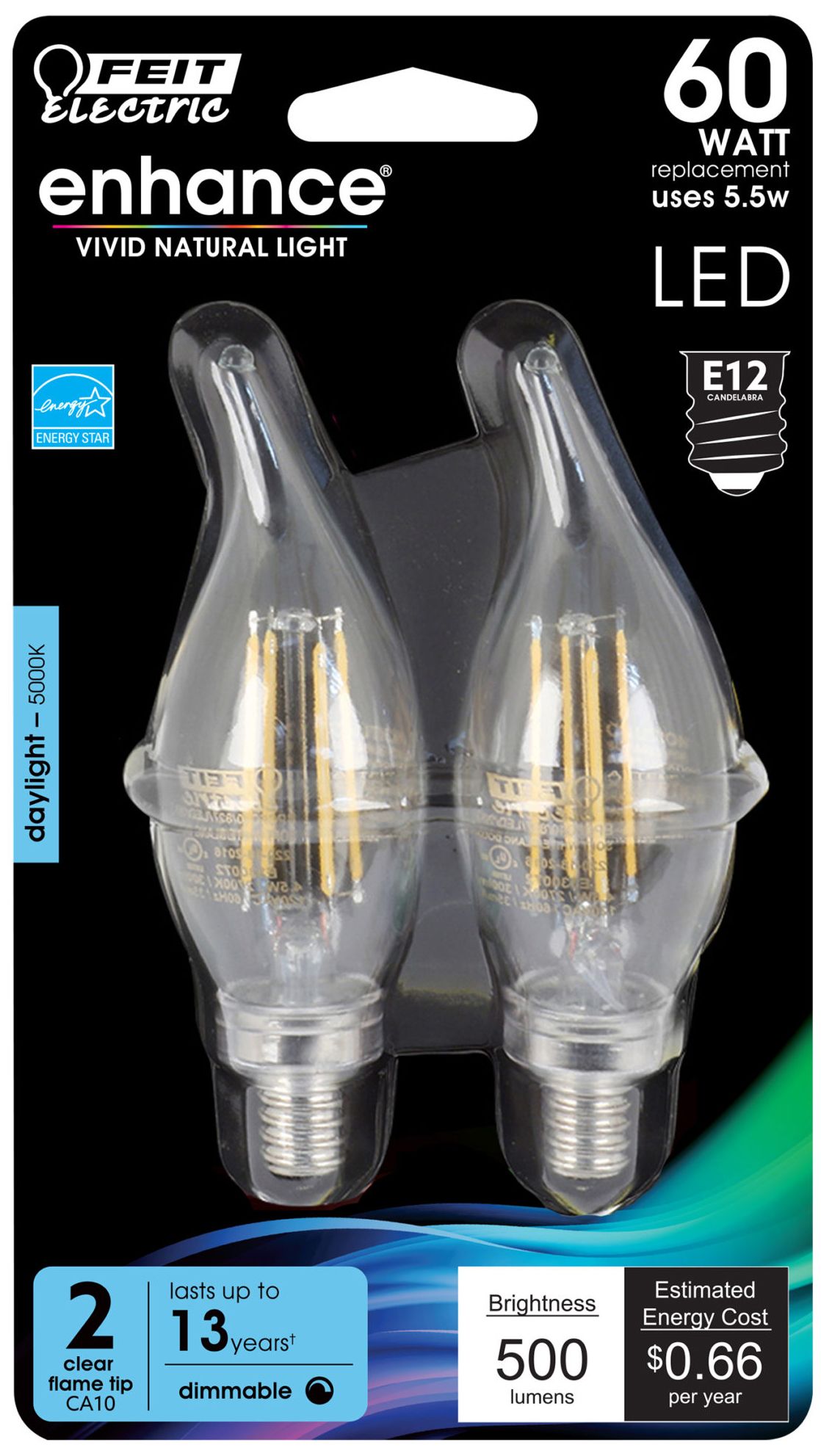 60W Equivalent Clear 6W LED Dimmable Flame-Tip 2-Pack