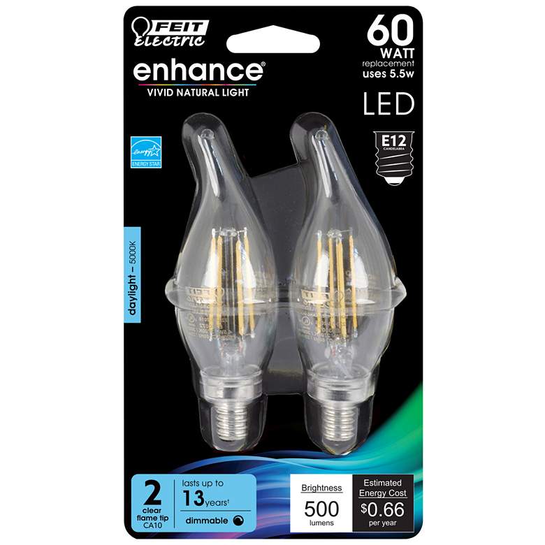 60W Equivalent Clear 6W LED Dimmable Flame-Tip 2-Pack