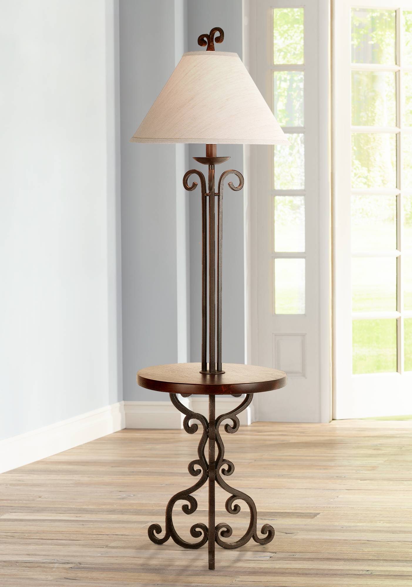 Traditional Floor Lamp with Table Iron Rust Wooden for Living Room