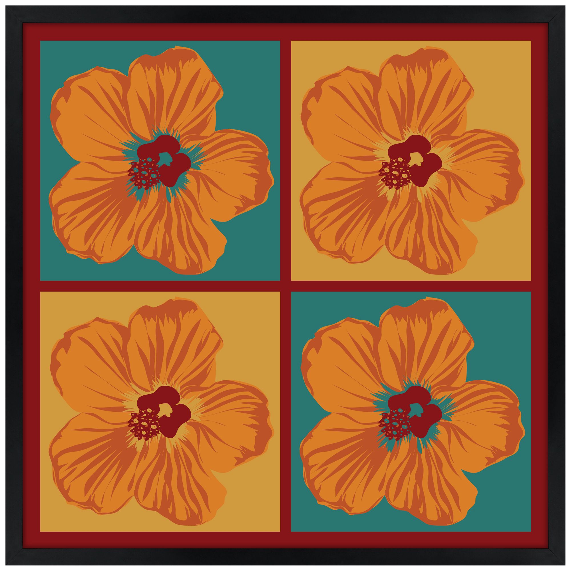 Orange Hibiscus 31" Square Black Giclee Wall Art