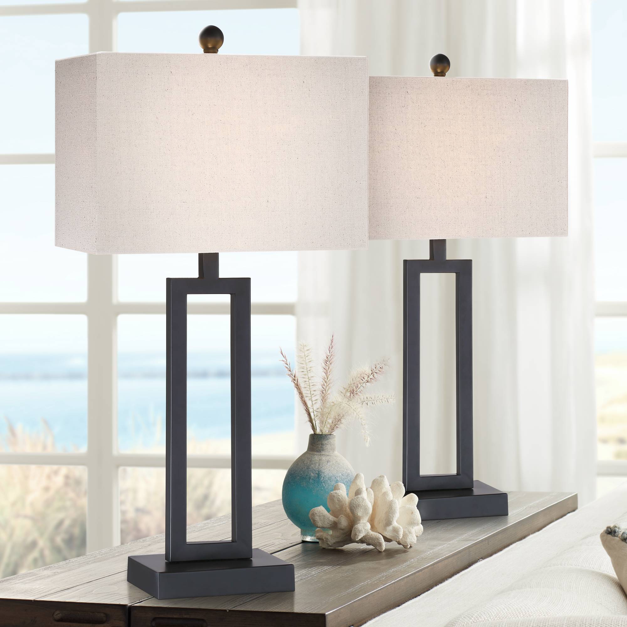 Modern Table Lamps Set of 2 Open Rectangular Black Base for Living Room