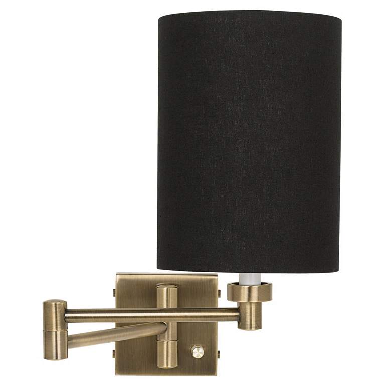 Black Cylinder Shade Antique Brass Plug-In Swing Arm Lamp