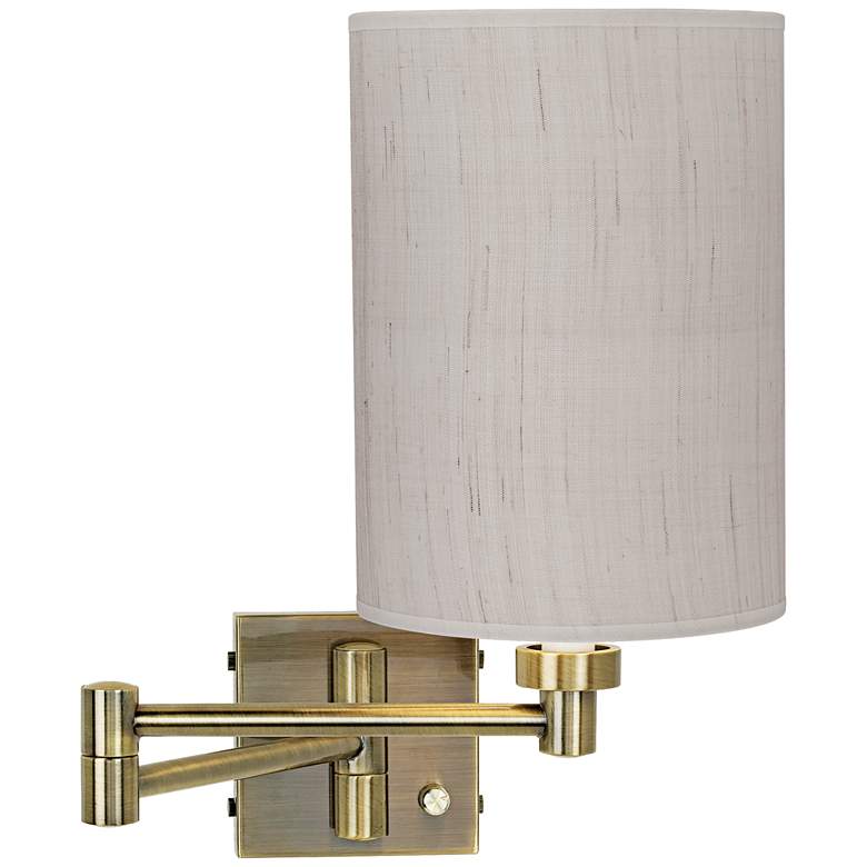 Image 1 Ivory Linen Shade Antique Brass Plug-In Swing Arm Wall Lamp
