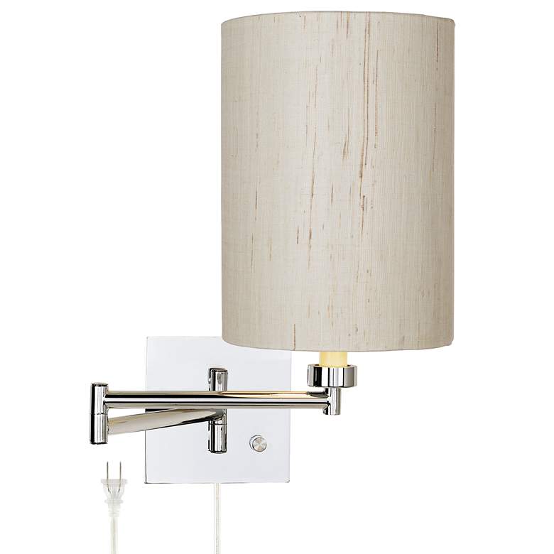Image 1 Dimmable Ivory Linen Drum Shade Plug-In Swing Arm Wall Lamp