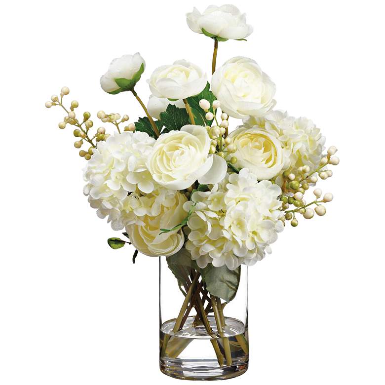 Ranunculus, Hydrangeas and Berry 15&quot;H Faux Flowers in Vase