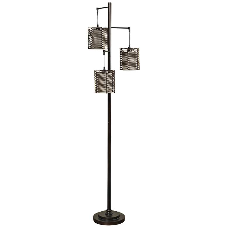 Image 2 Bronze 3-Light Floor Lamp with Brown Rattan Hardback Shade