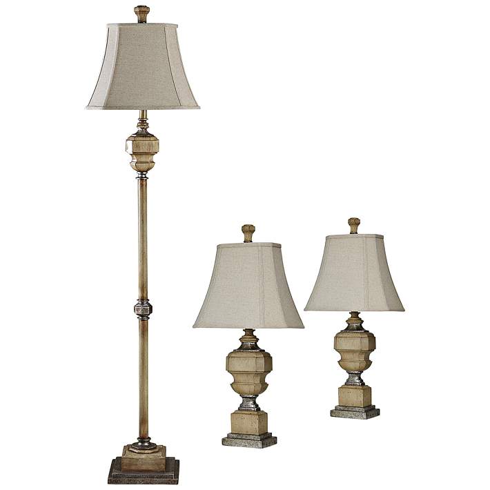 Floine Antique Caramel 3 Piece, Gold Floor And Table Lamp Sets