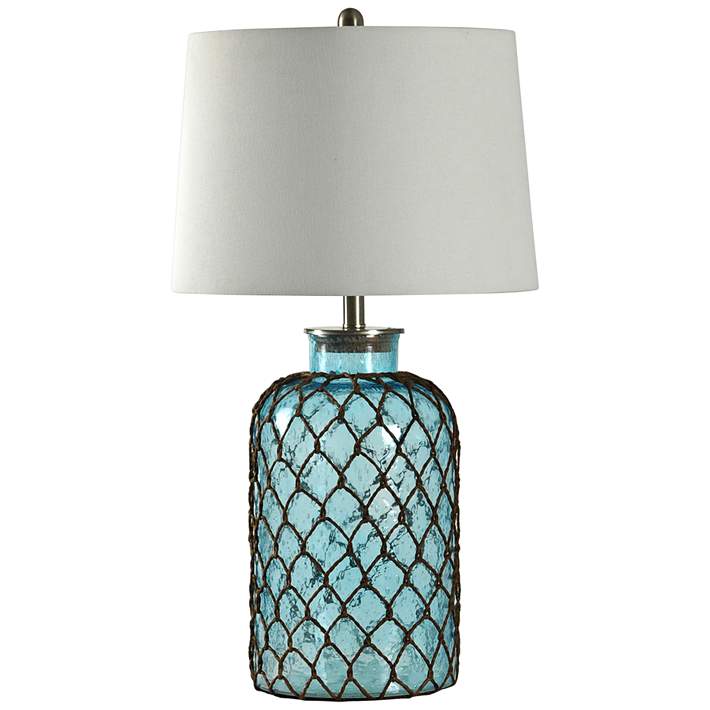 Montego Bay Blue Table Lamp With Off, Netted Sea Blue Glass Table Lamp