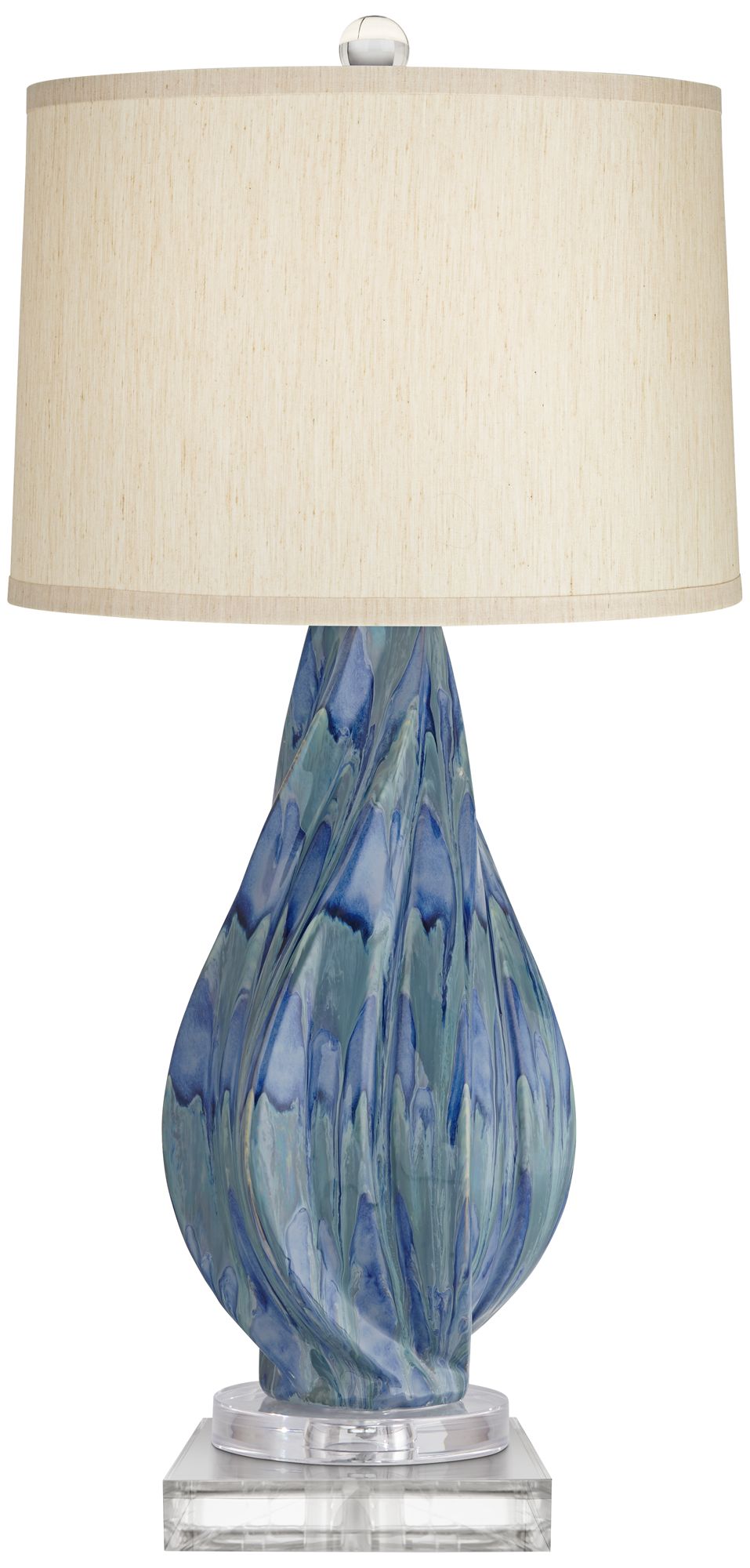 Teresa Blue Teal Drip Ceramic Table Lamp With 8" Wide Square Riser