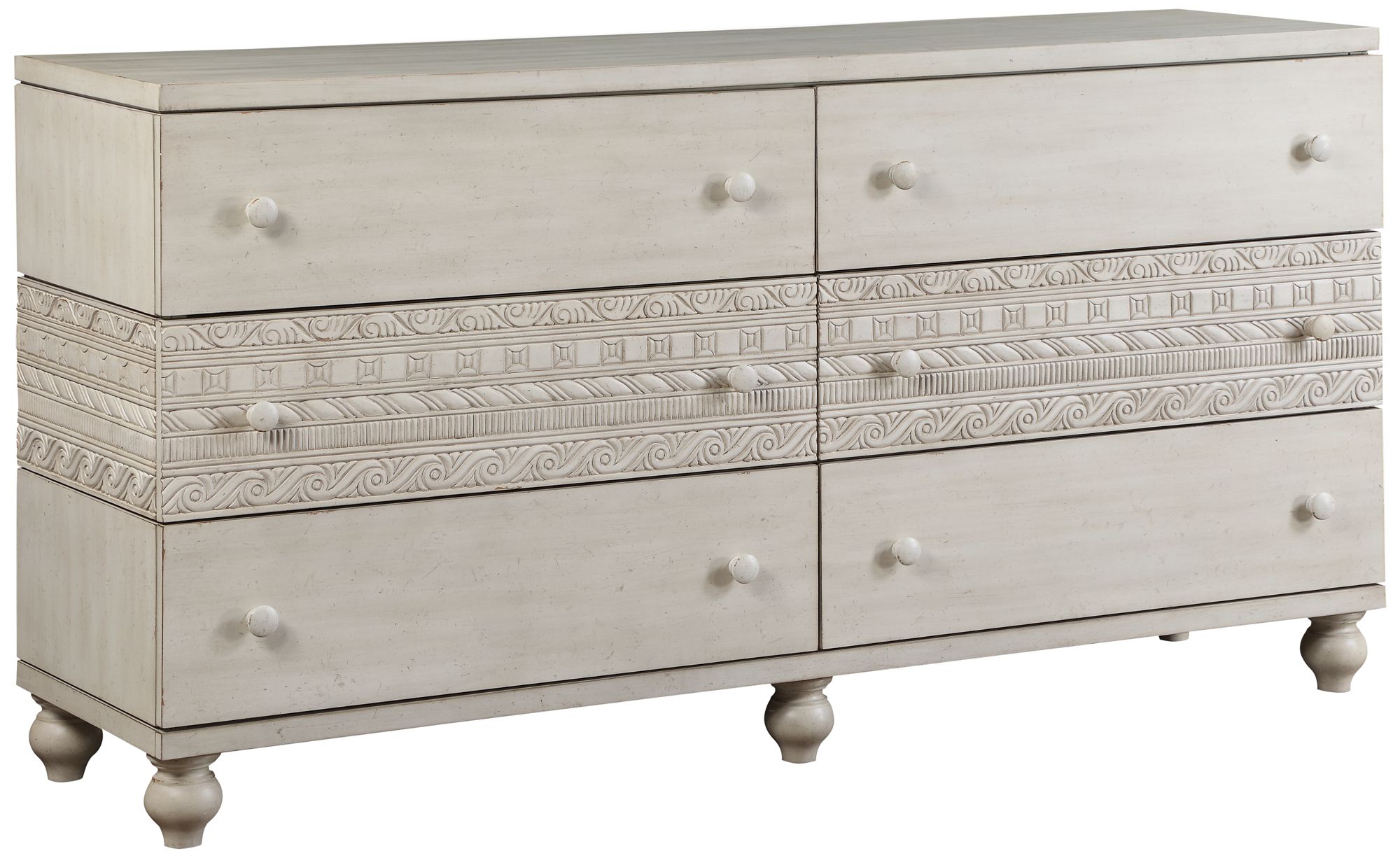 Roselyne 68" Wide Antique White Wood 6-Drawer Dresser