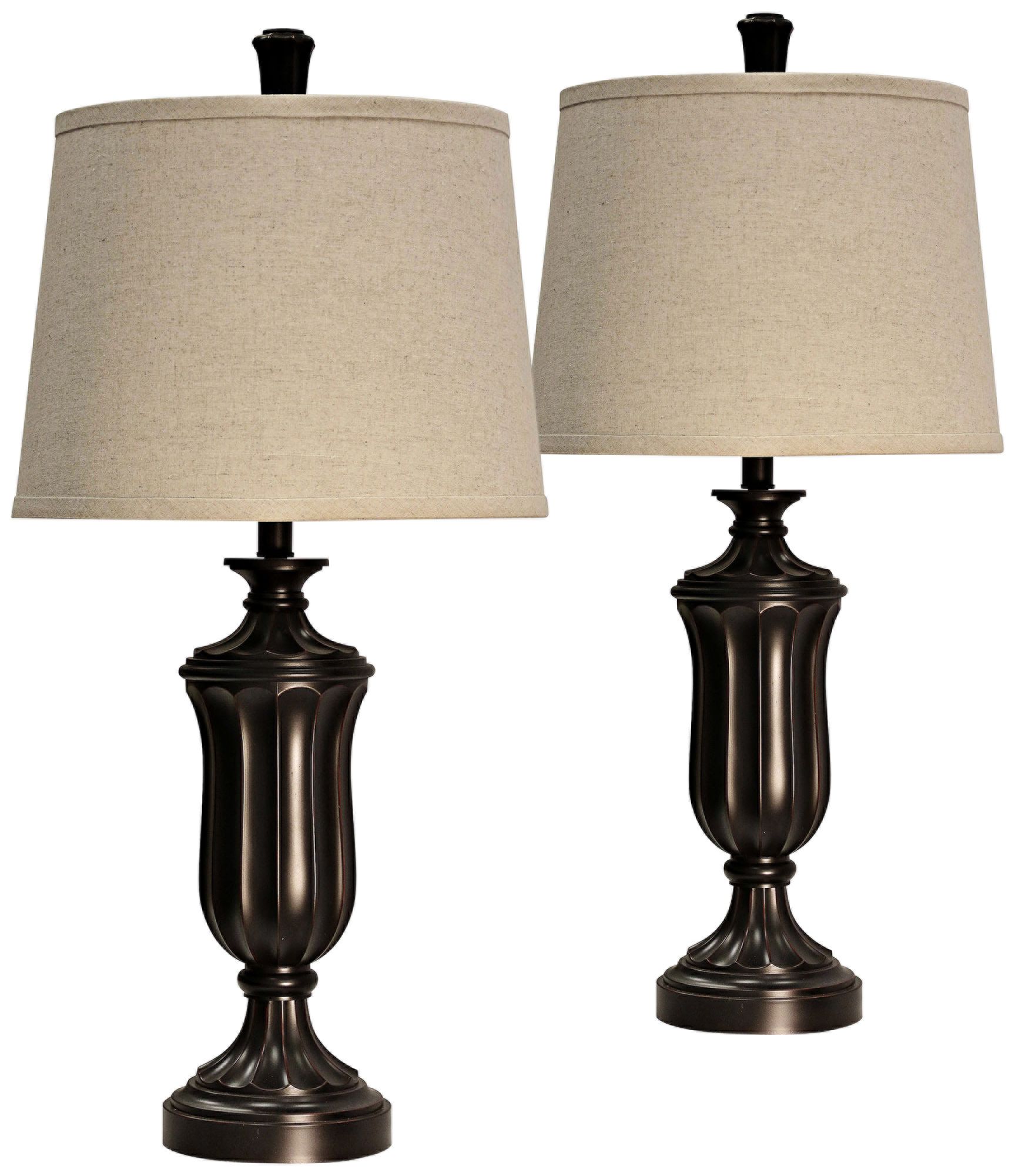 Bronze Wood Table Lamp with Beige Hardback Shade Set of 2