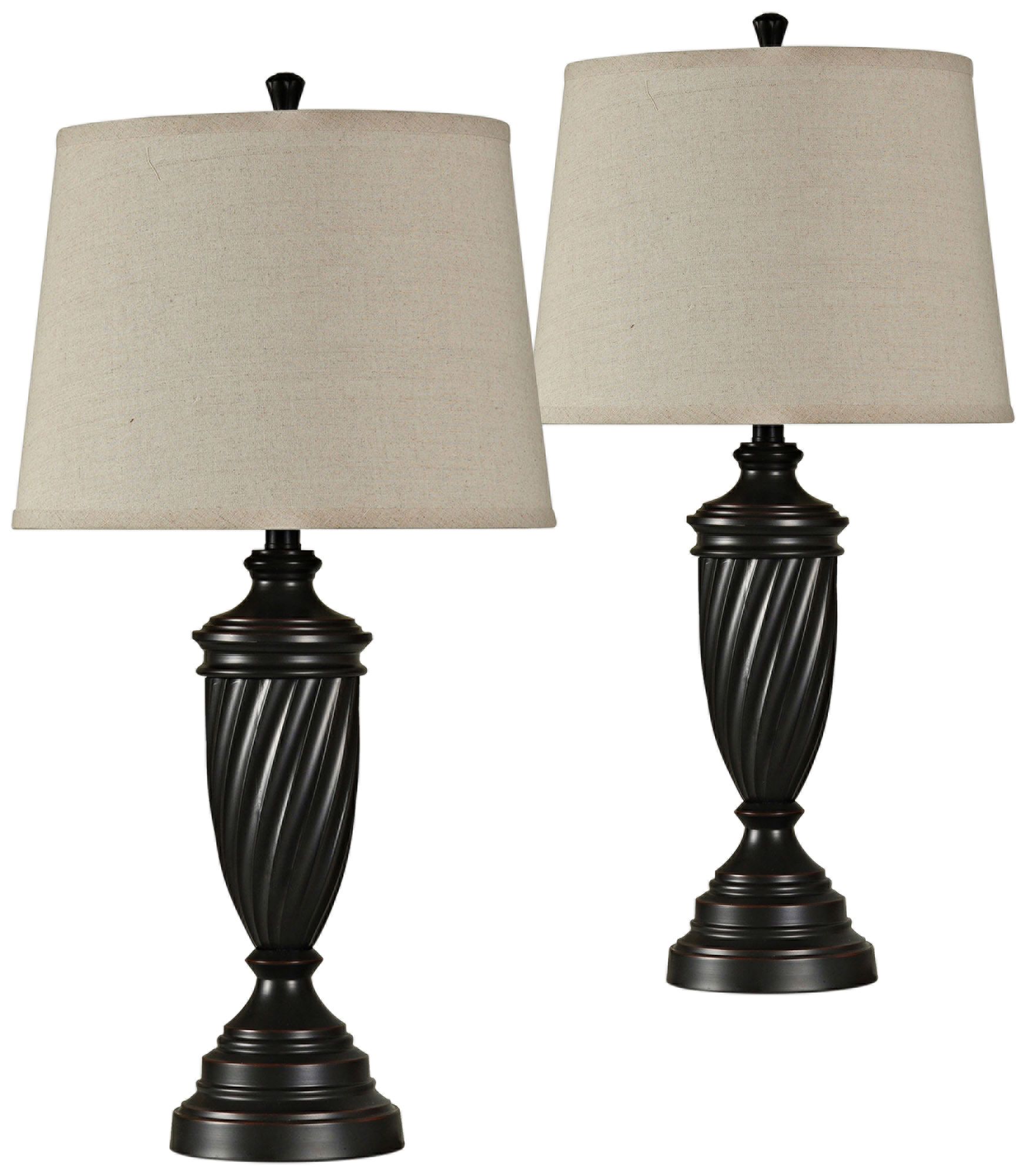 Bronze Wood Table Lamp with Cream Hardback Shade Set of 2