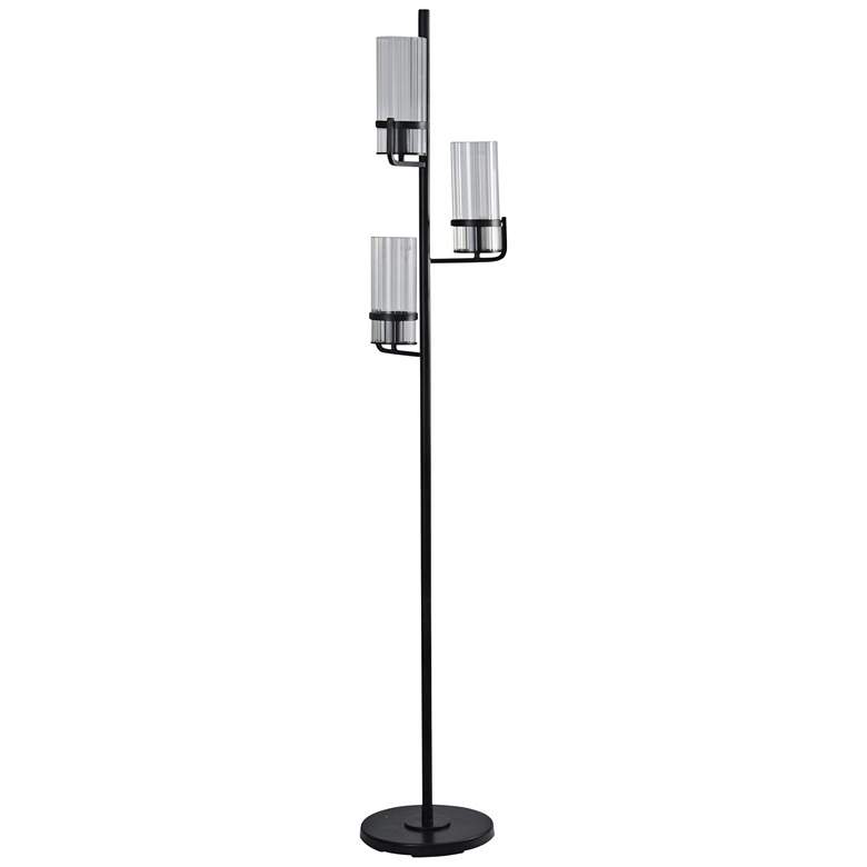 Three-Arm 70&quot; High Floor Lamp in Black with Ribbed Glass
