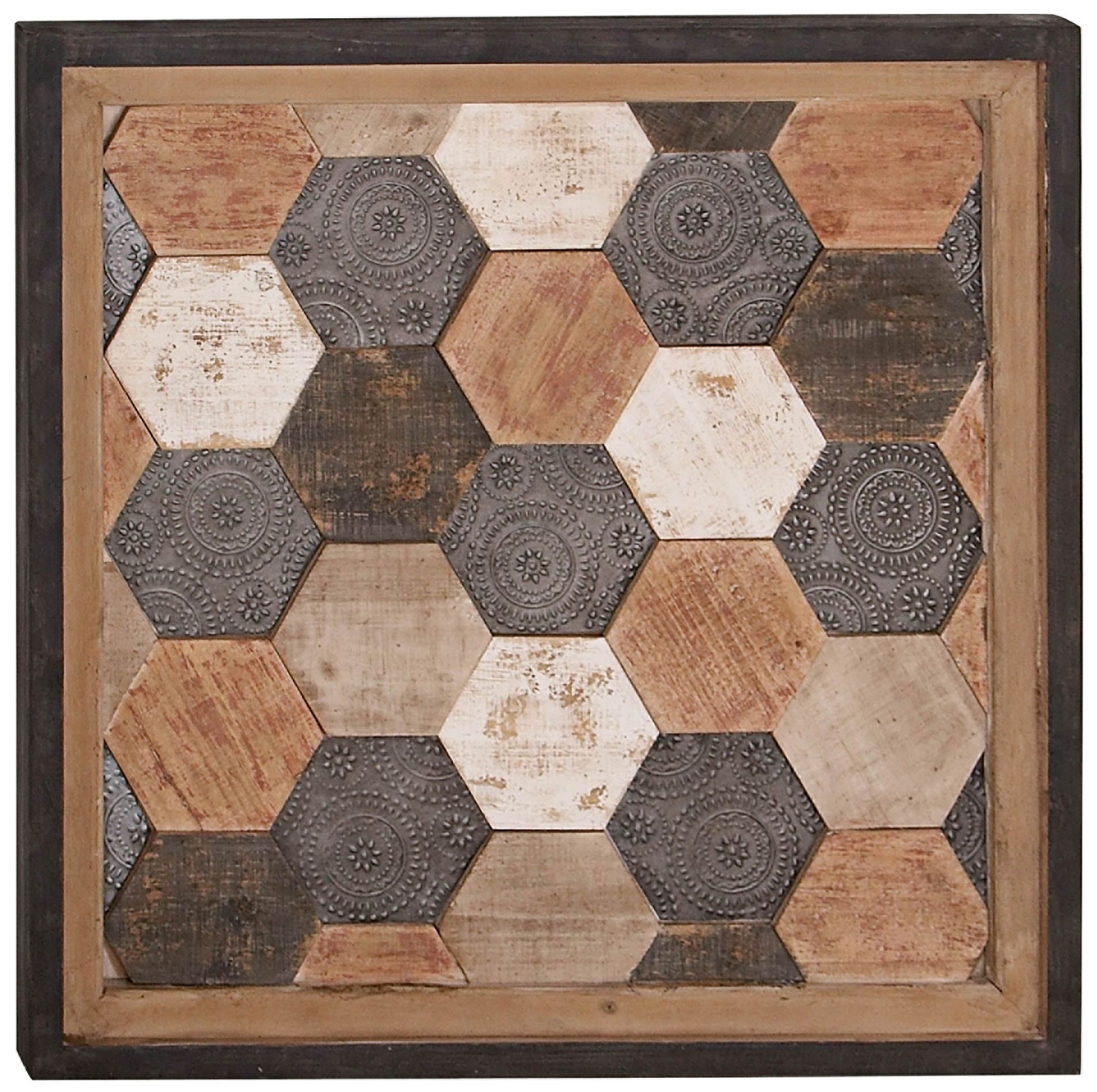 Rustic Hexagon 28" Square Wood and Iron Framed Wall Art