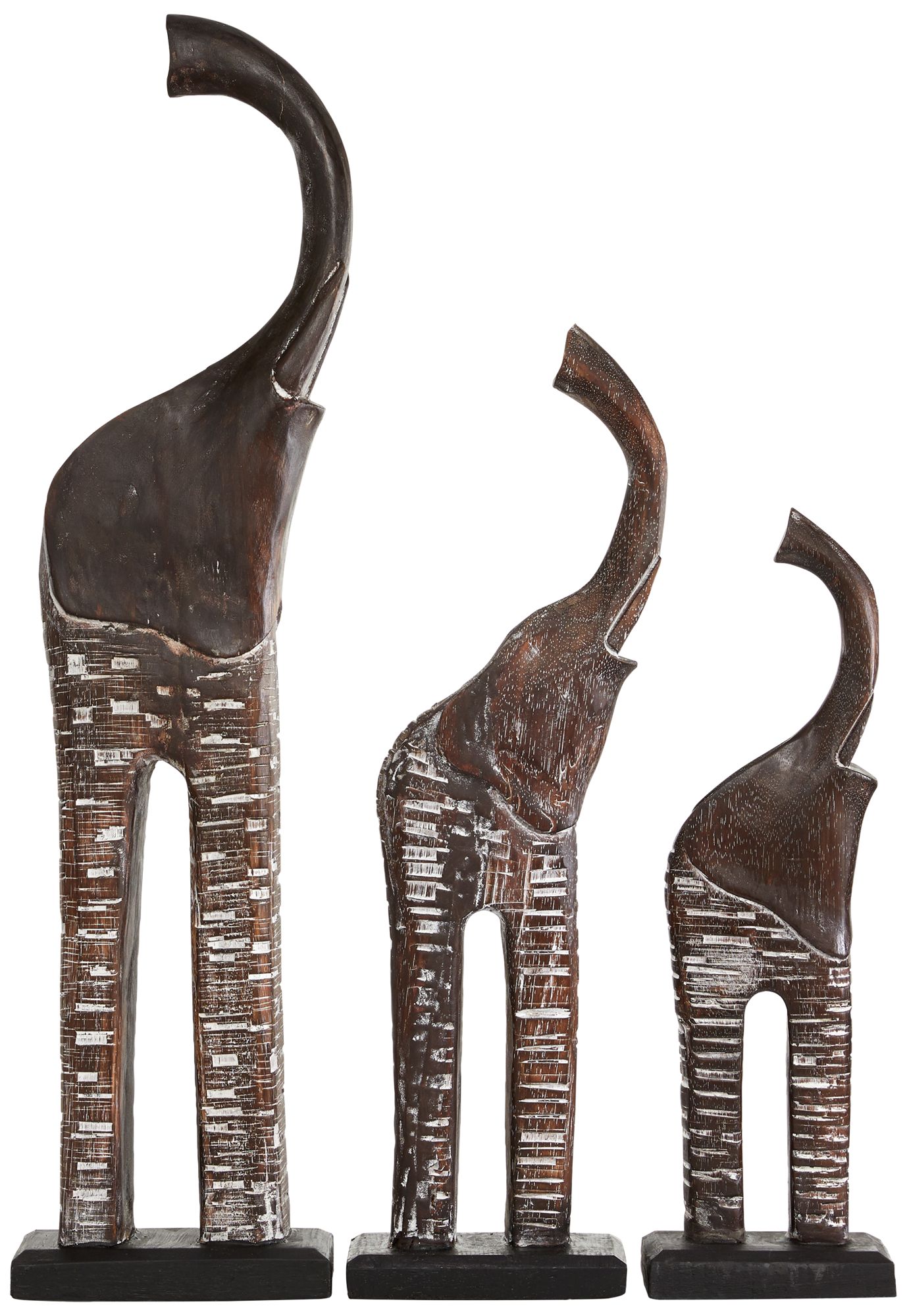 Wooden Standing Elephant with Raised Trunks Statues Set of 3