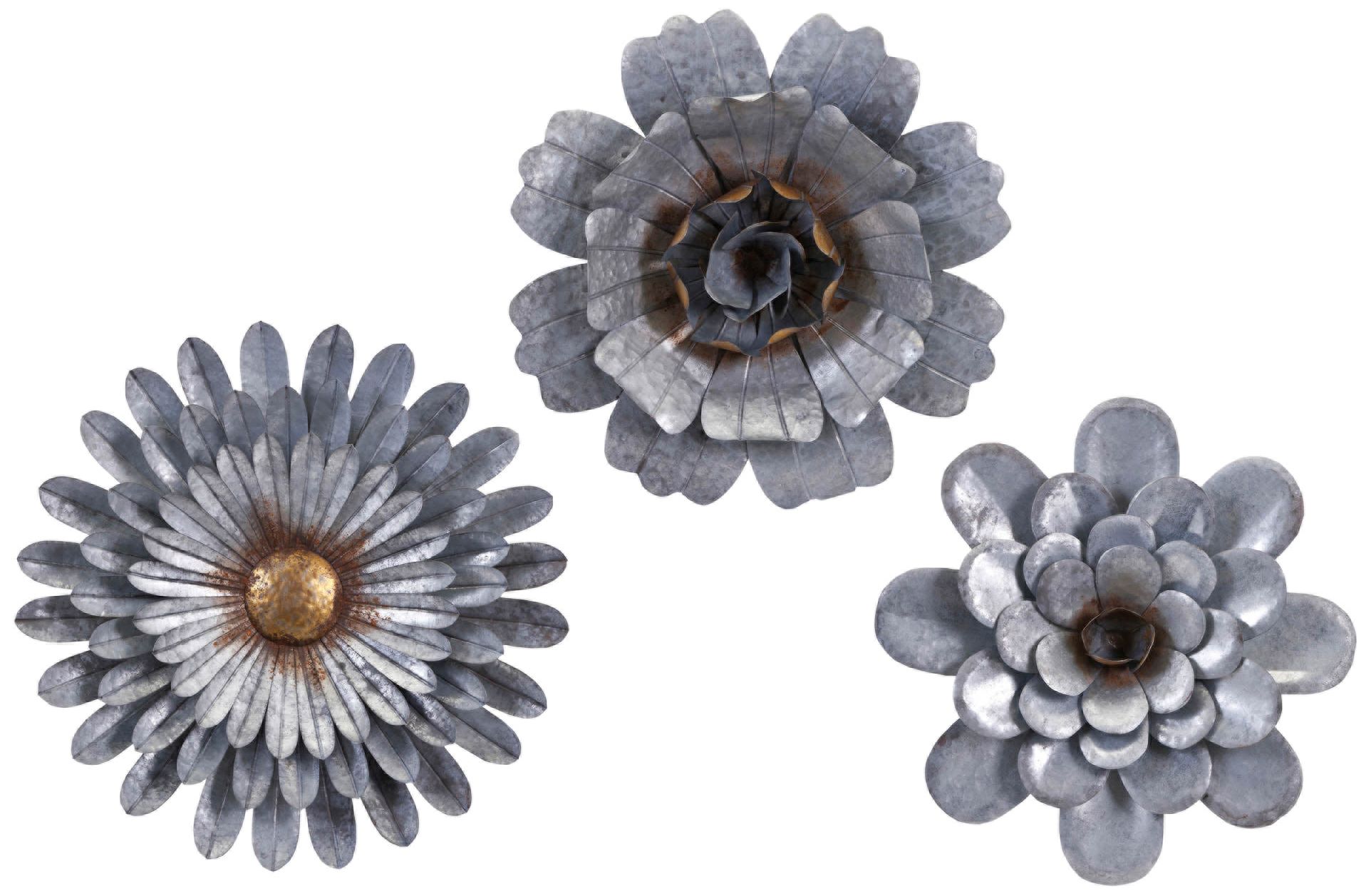 Hillary Galvanized 3-Piece Metal Wall Flowers Set