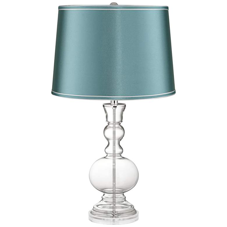 Clear Glass Fillable Teal Satin Shade Apothecary Table Lamp