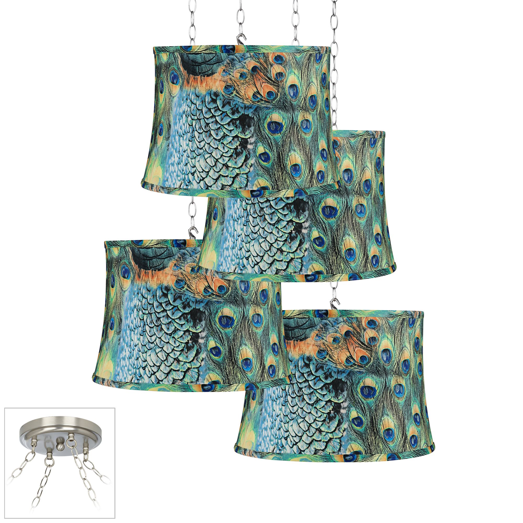 Peacock Print 4-Light Brushed Nickel Multi Light Pendant