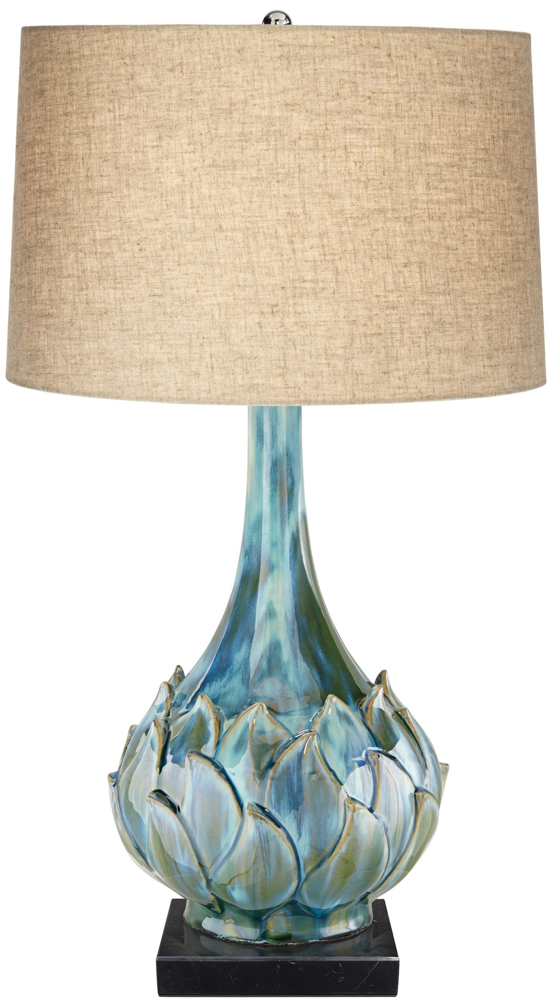 Kenya Blue Green Ceramic Table Lamp w/ Square Black Marble Riser