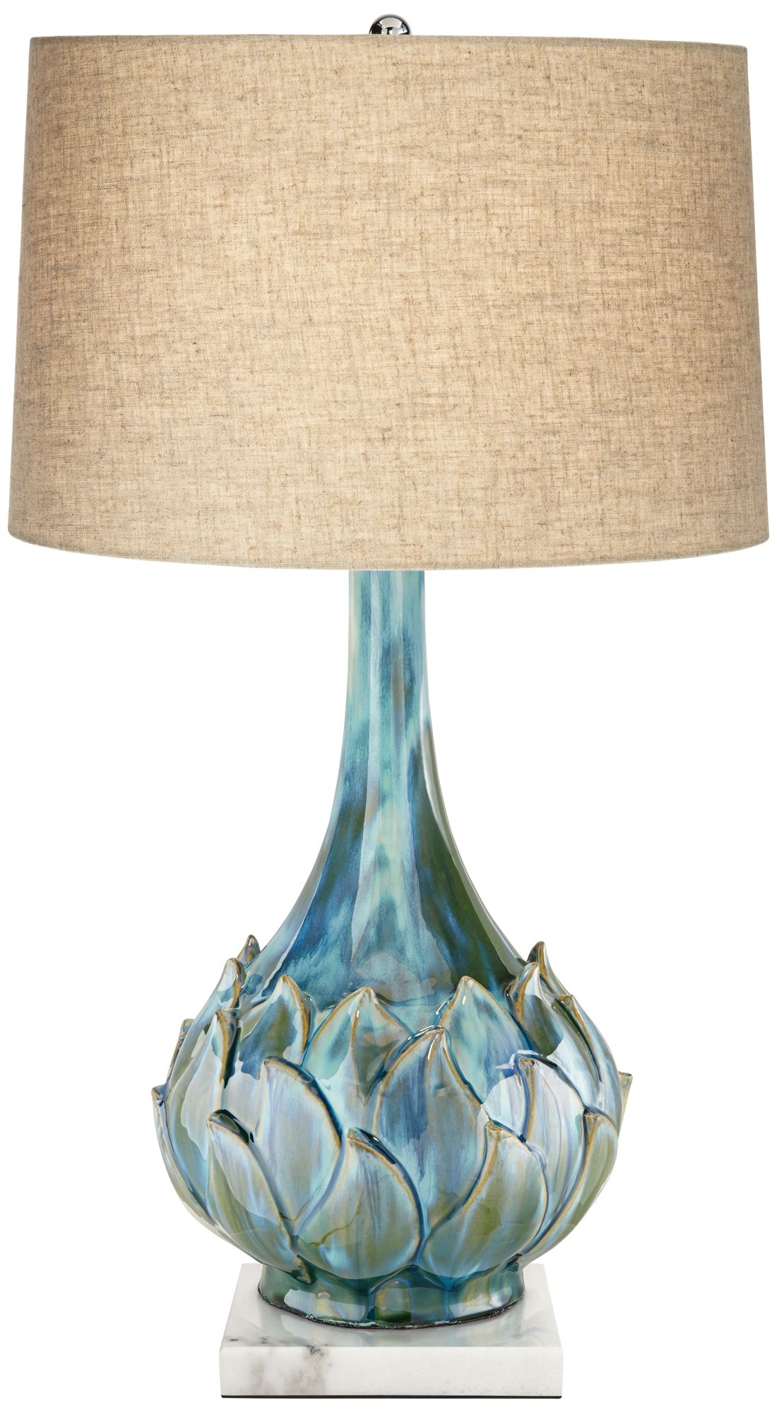 Kenya Blue Green Ceramic Table Lamp w/ Square White Marble Riser