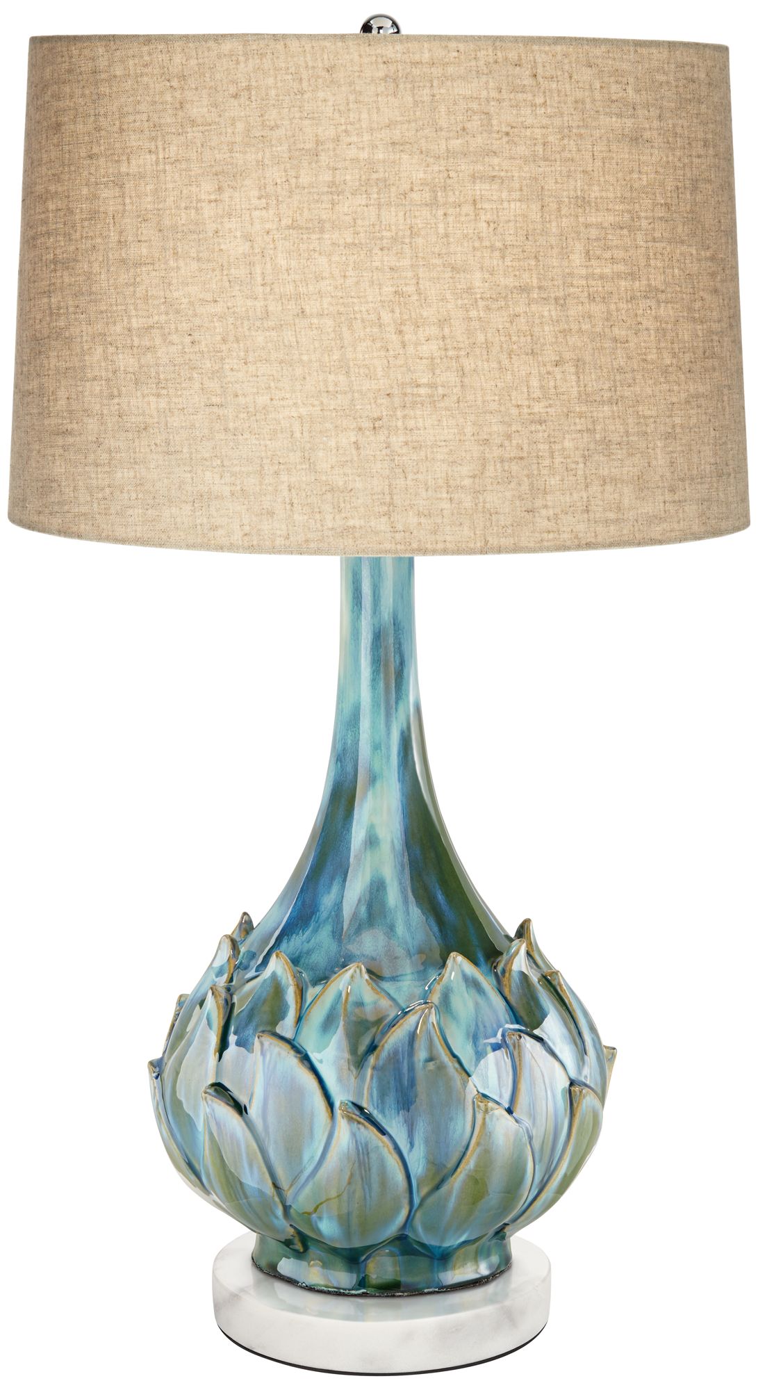 Kenya Blue Green Ceramic Table Lamp w/ Round White Marble Riser