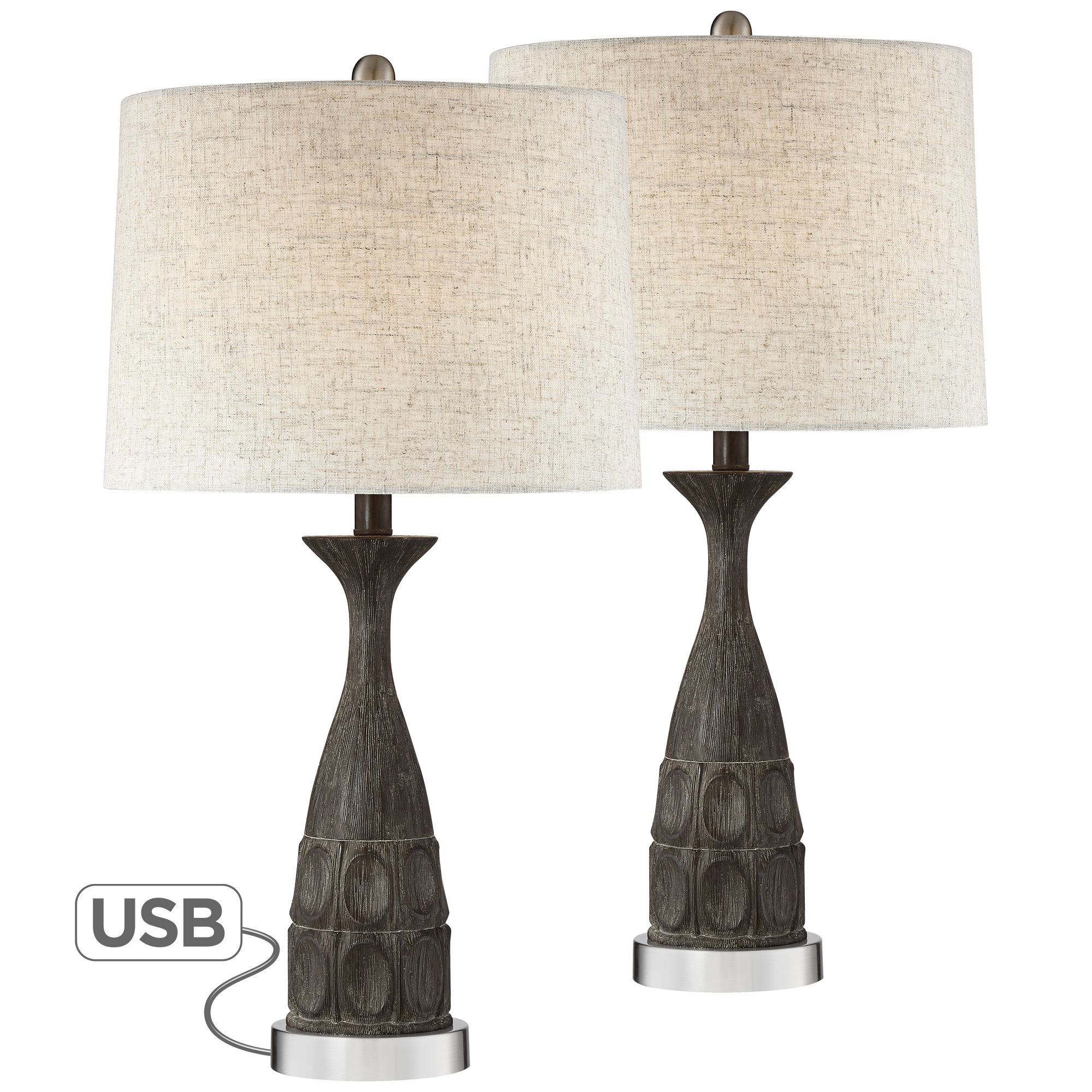 Taz Rustic Wood Modern USB Table Lamps Set of 2