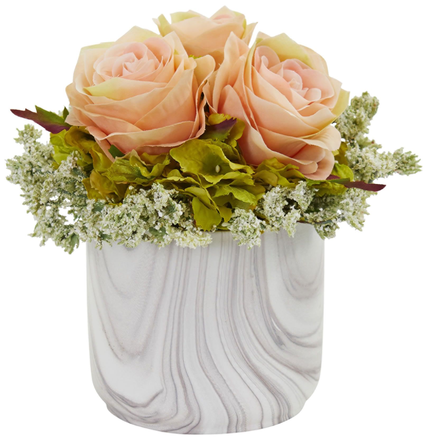 Peach Rose And Hydrangea 8 H Faux Flowers In Marble Vase 63r56