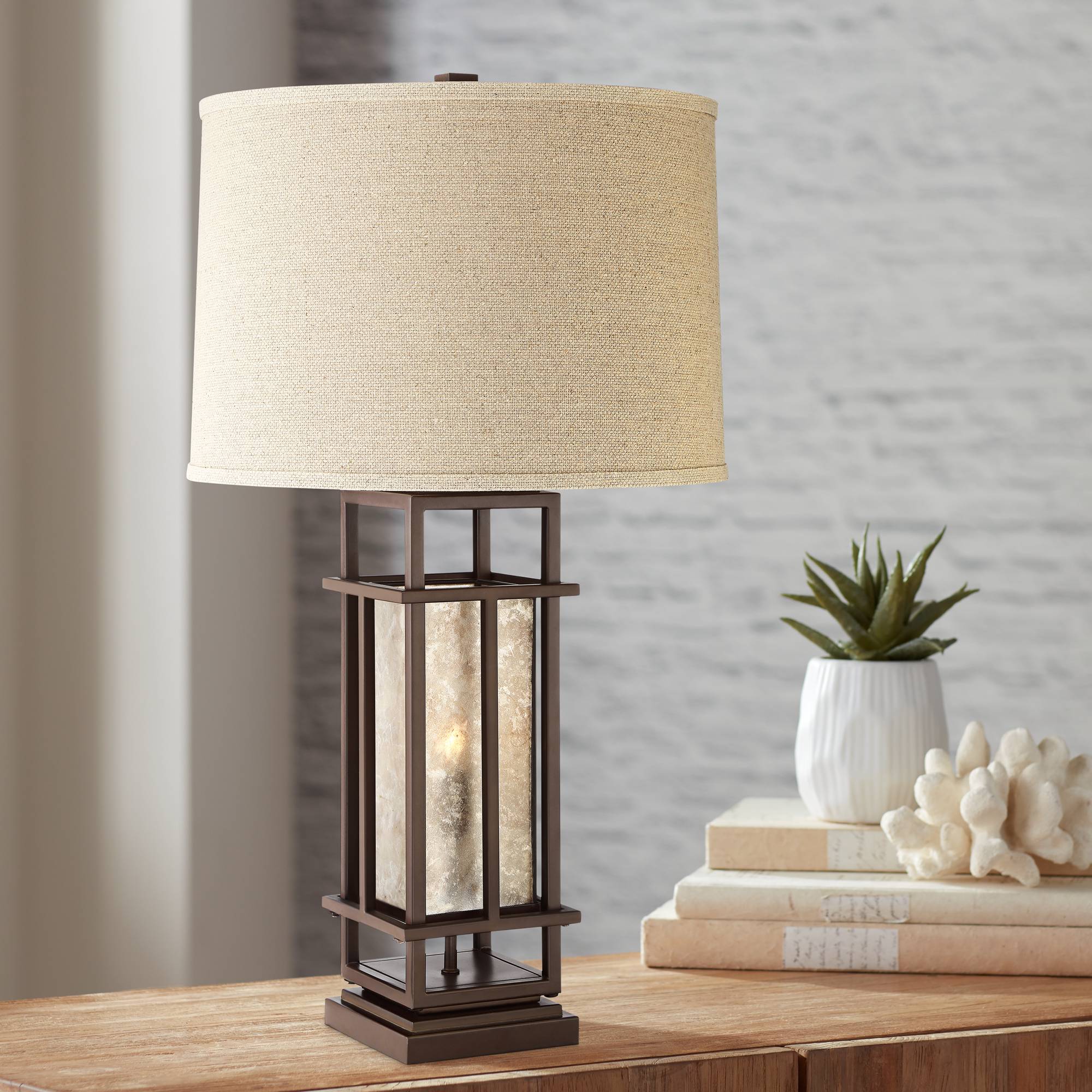 Details About Rustic Farmhouse Table Lamp With Nightlight Led Caged Brown Living Room Bedroom