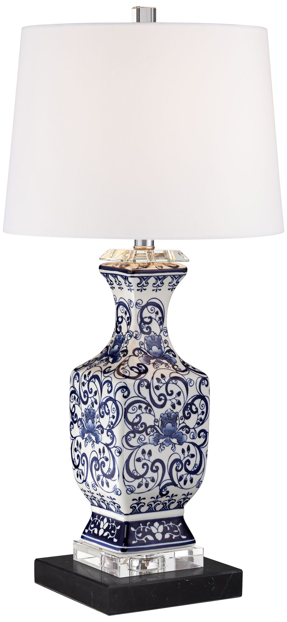 Iris Blue and White Table Lamp with Square Black Marble Riser