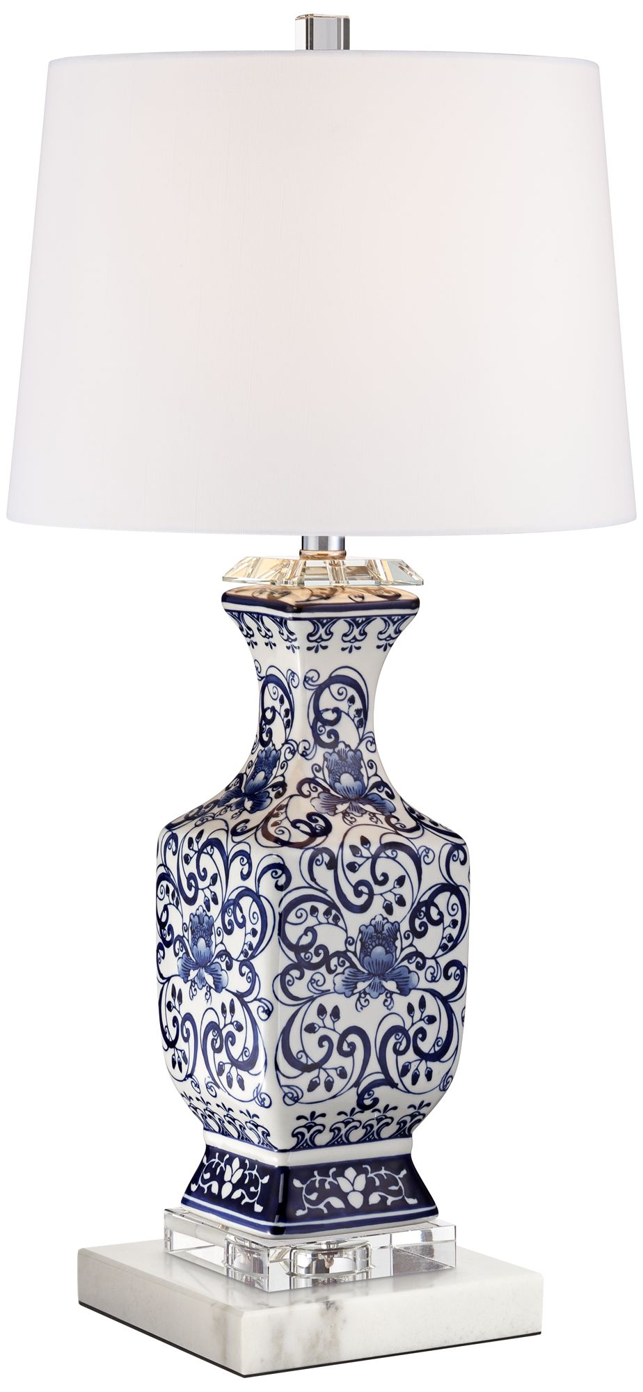 Iris Blue and White Table Lamp with Square White Marble Riser