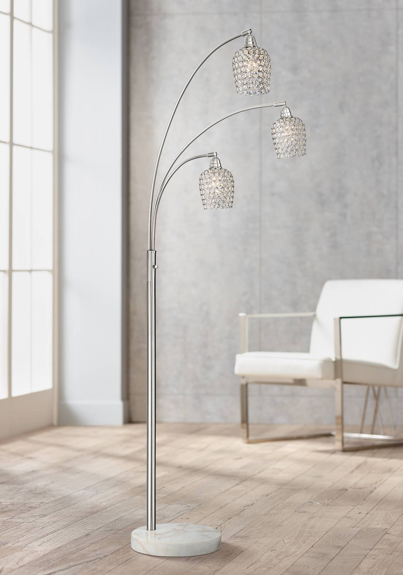 Modern Arc Floor Lamp Brushed Nickel 3-Light Crystal Shades Living Room ...