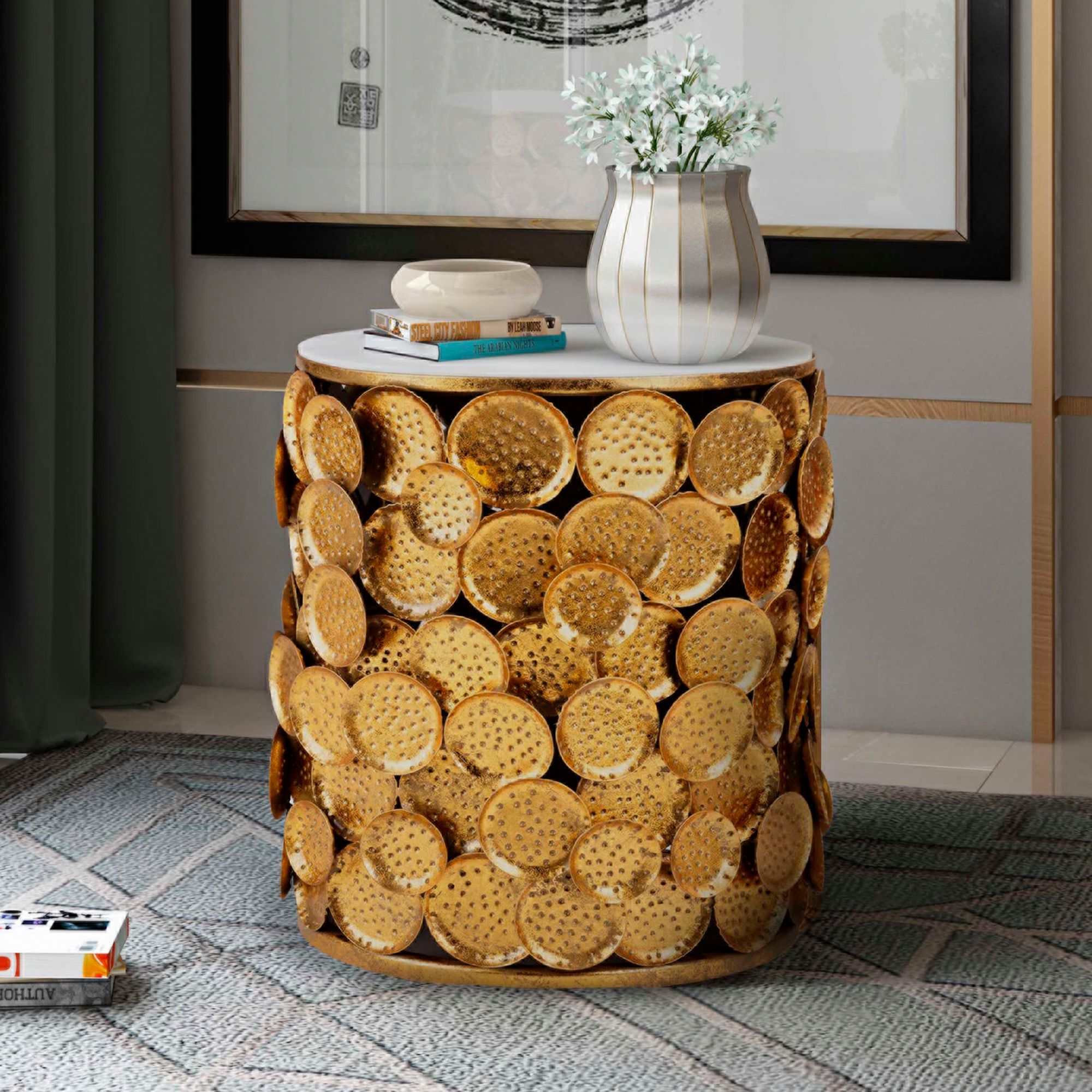 Brie Round Marble Top Side Table with Gold Discs Base