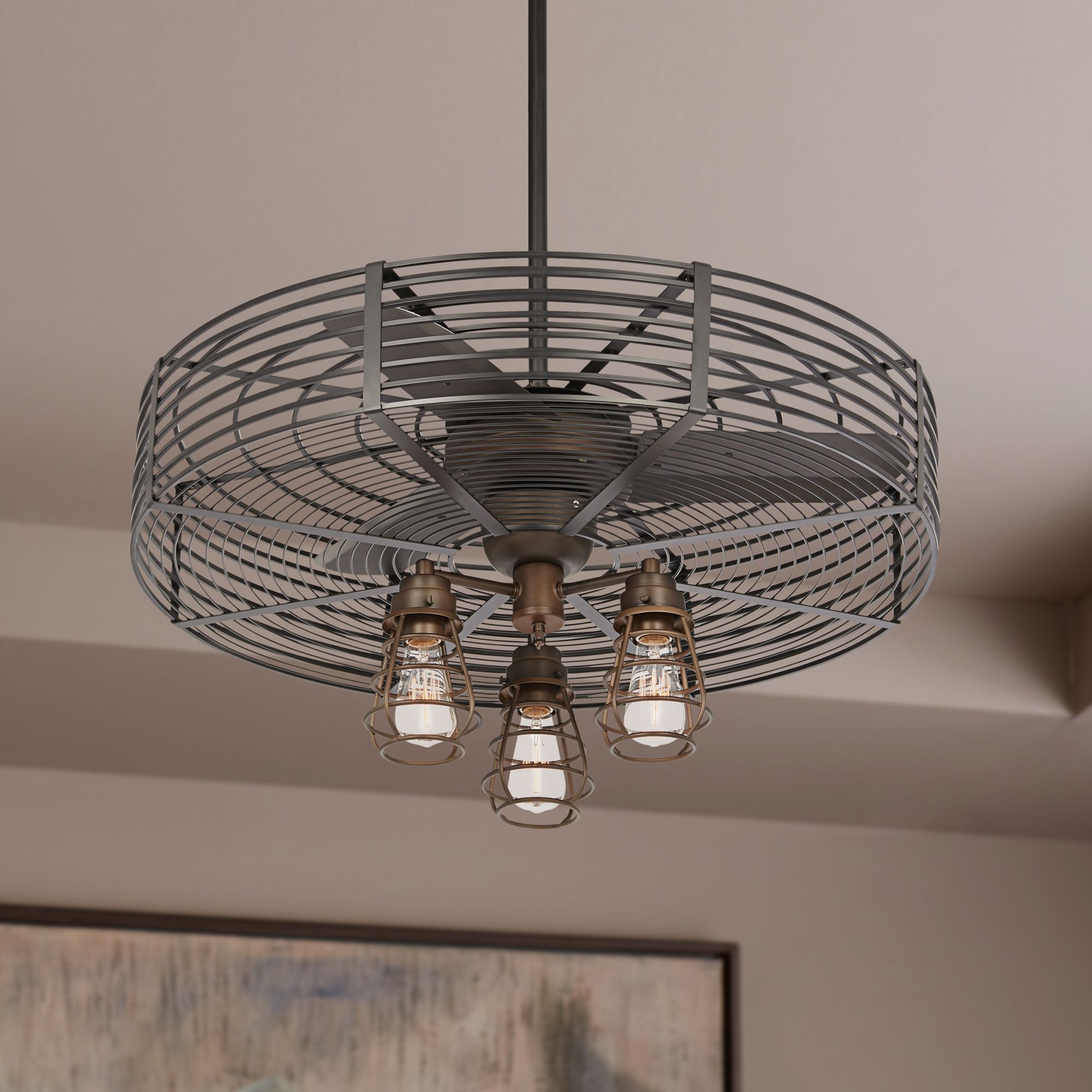 Details About 32 Vintage Breeze Bronze Cage 3 Light Led Ceiling Fan