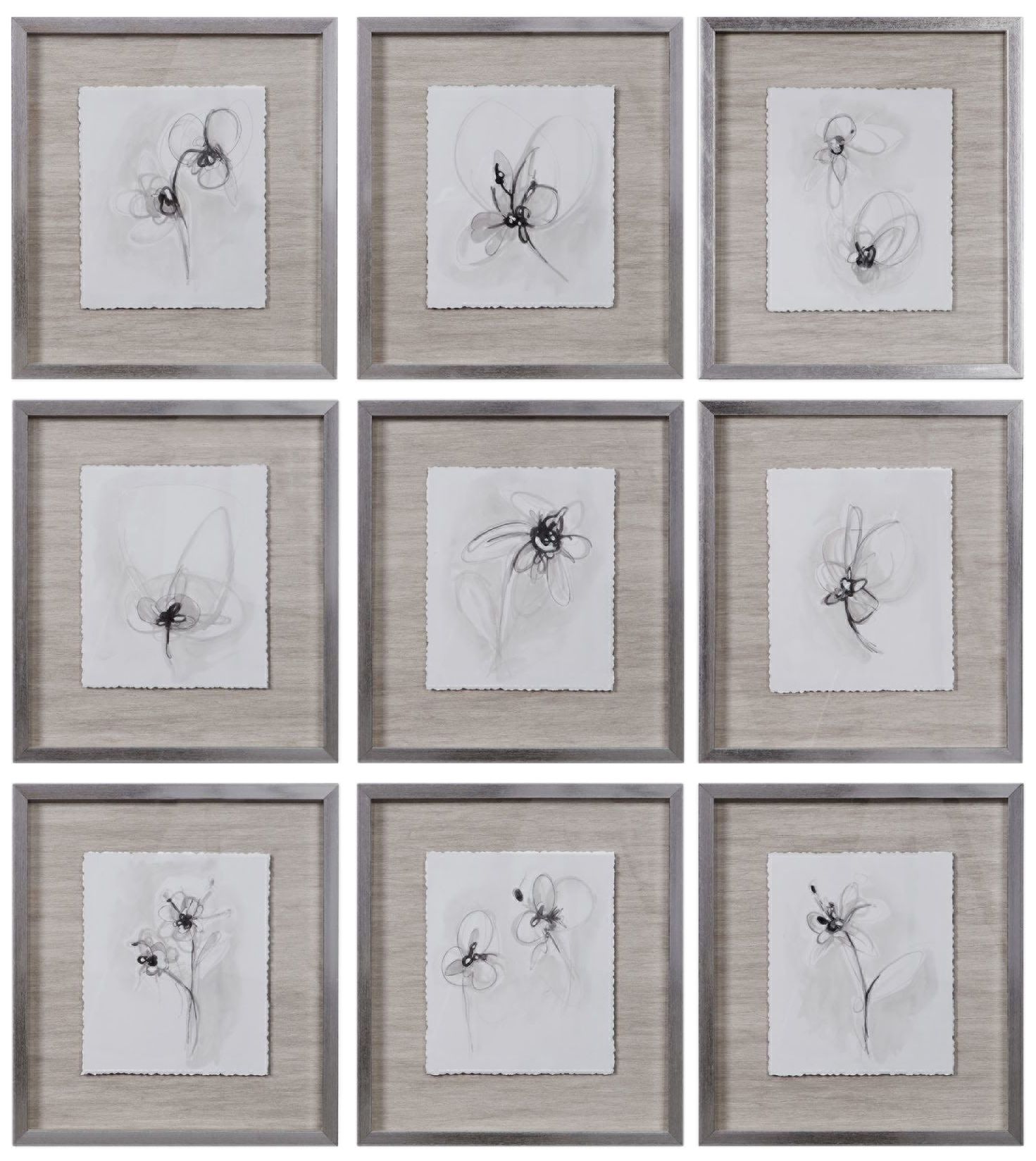 Neutral Floral Gestures 19 1/4"H 9-Piece Framed Wall Art Set