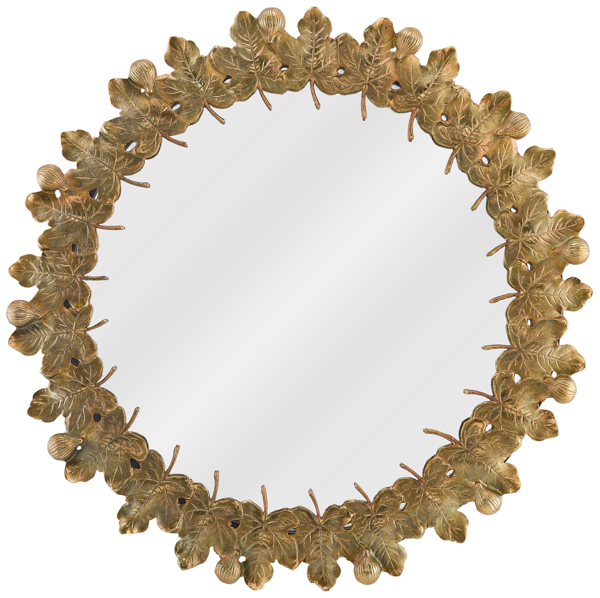 Figuier Patina Antique Brass Leaf 30" Round Wall Mirror