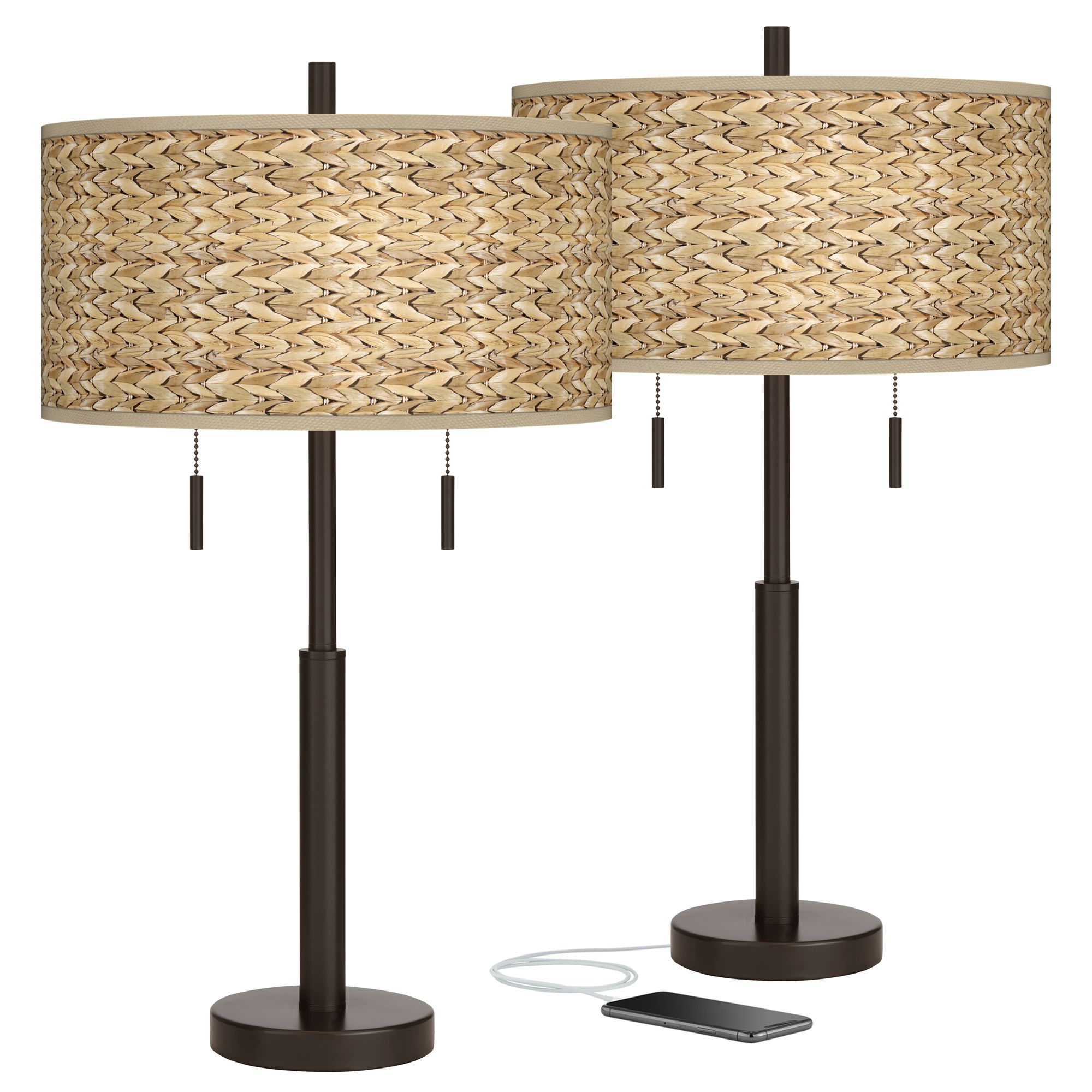 Seagrass Print Robbie Bronze USB Table Lamps Set of 2