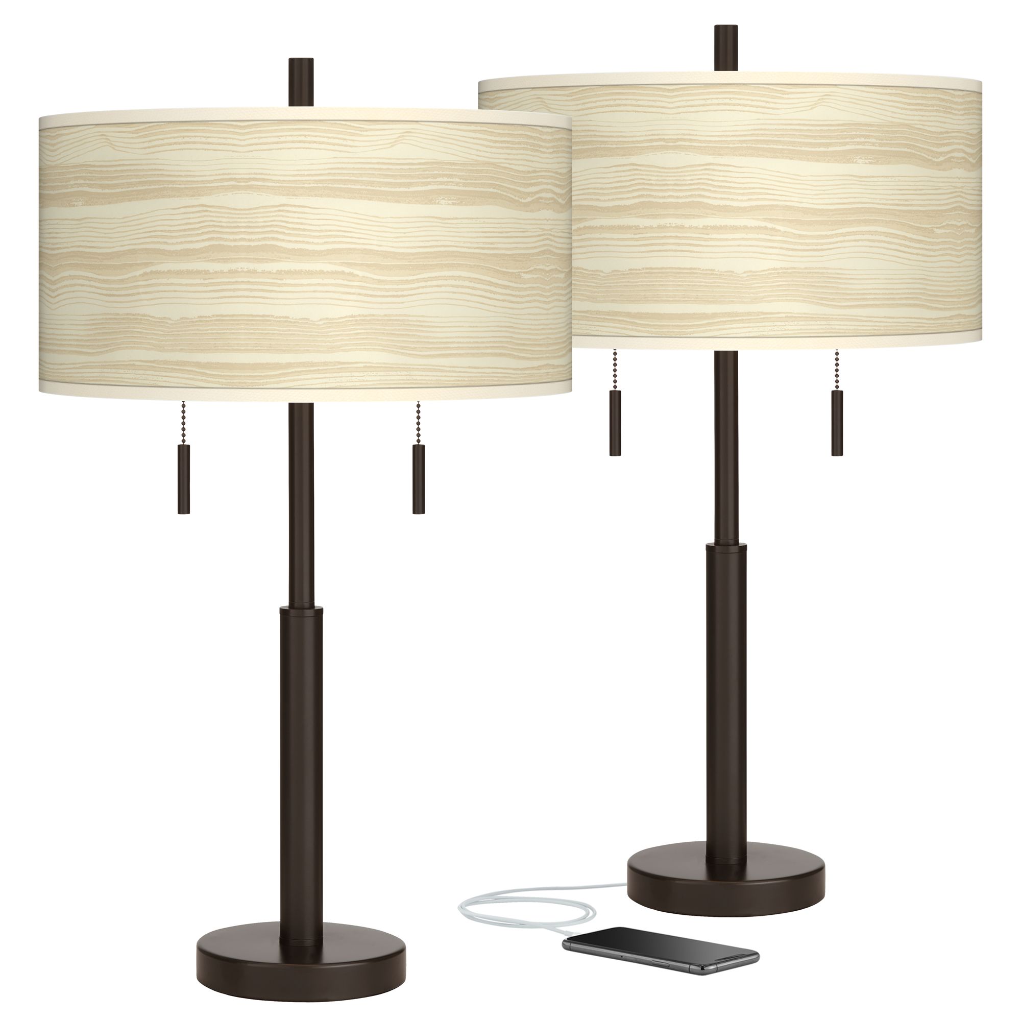 Birch Blonde Robbie Bronze USB Table Lamps Set of 2