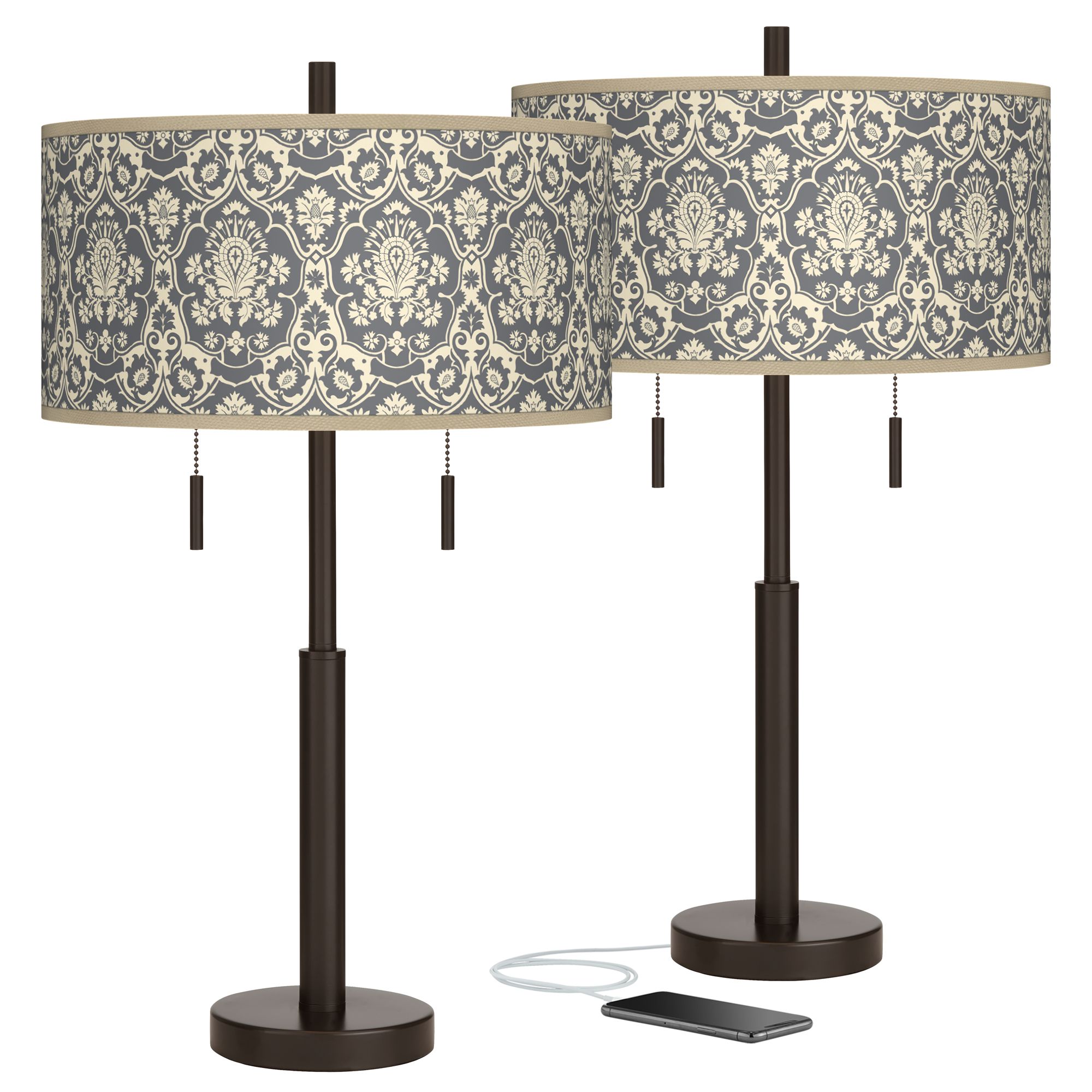Damask Robbie Bronze USB Table Lamps Set of 2