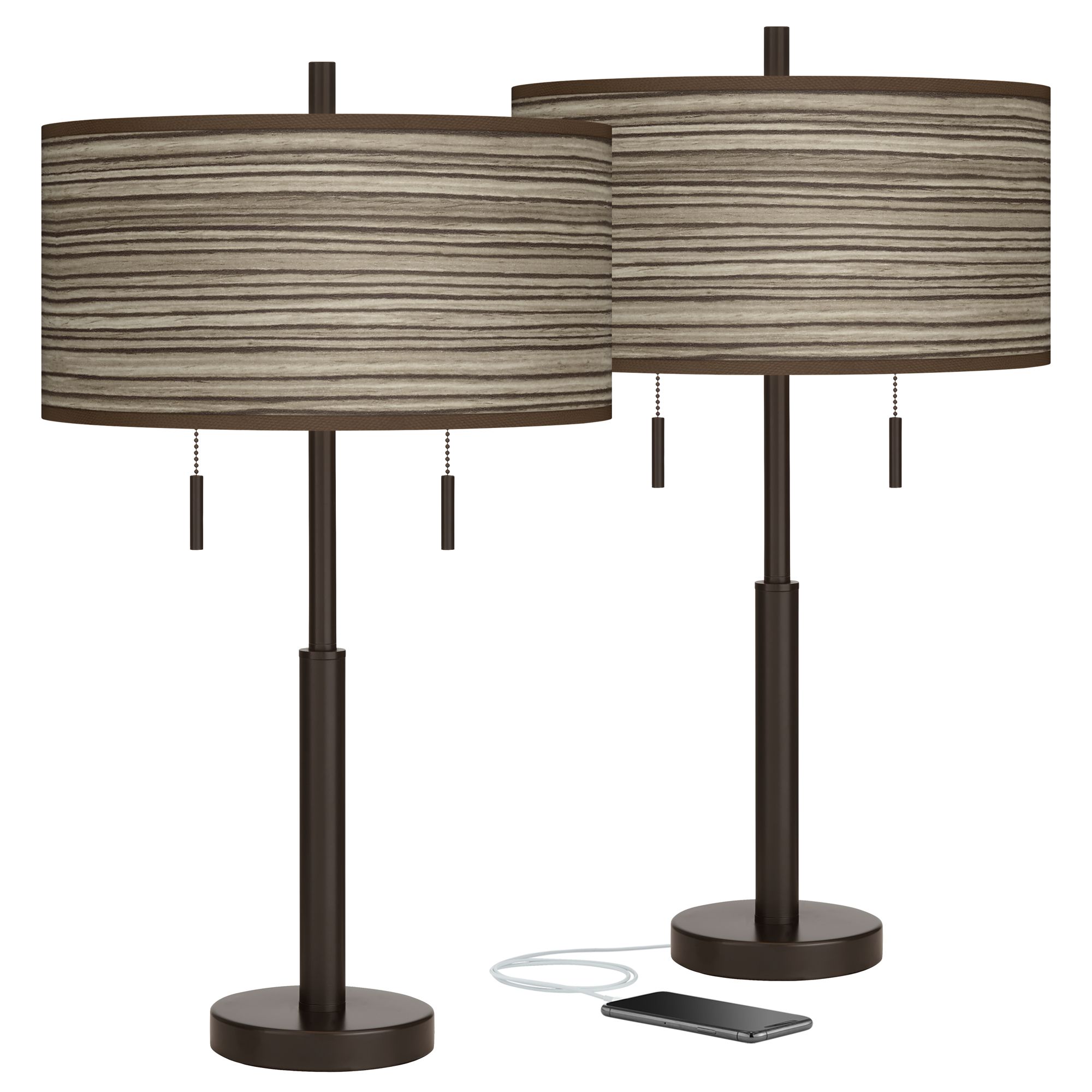 Cedar Zebrawood Robbie Bronze USB Table Lamps Set of 2