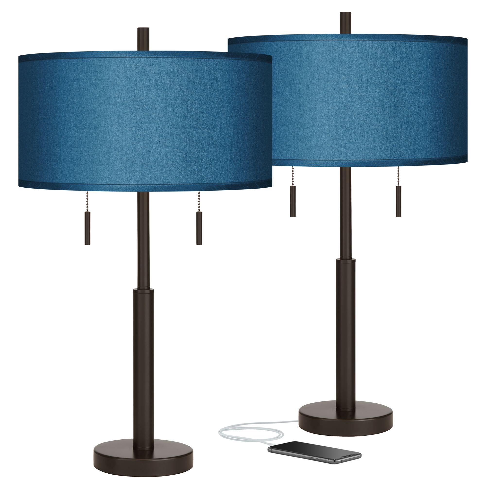 Blue Faux Silk Robbie Bronze USB Table Lamps Set of 2