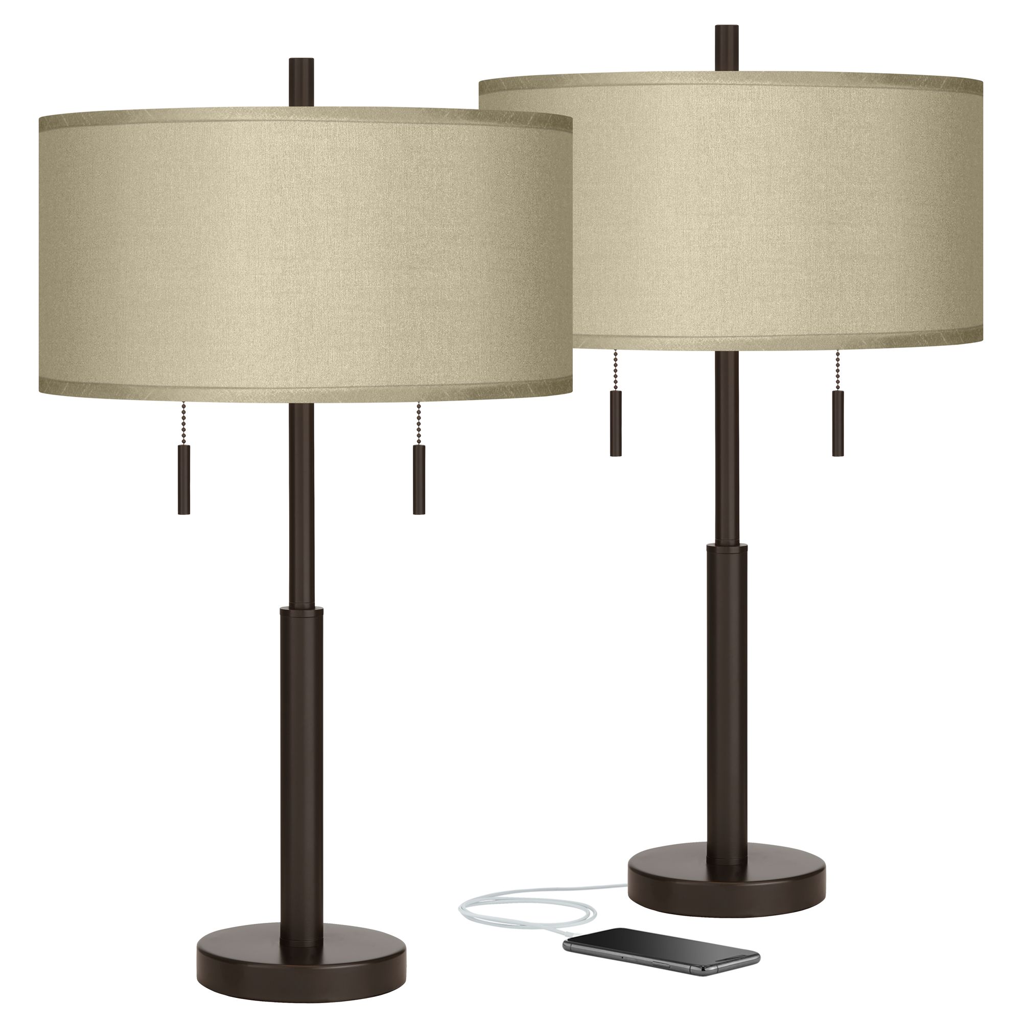 Sesame Faux Silk Robbie Bronze USB Table Lamps Set of 2