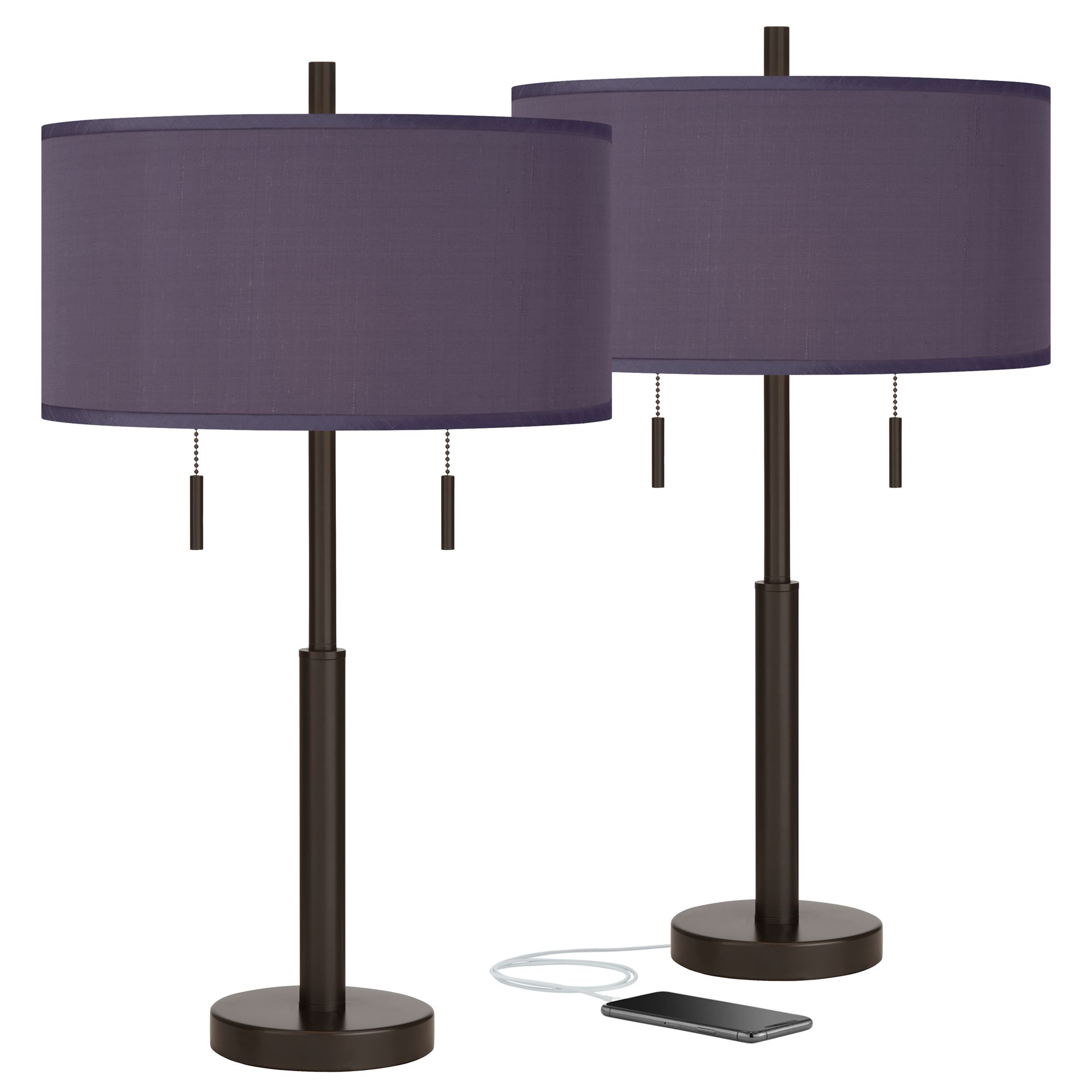 Eggplant Faux Silk Robbie Bronze USB Table Lamps Set of 2