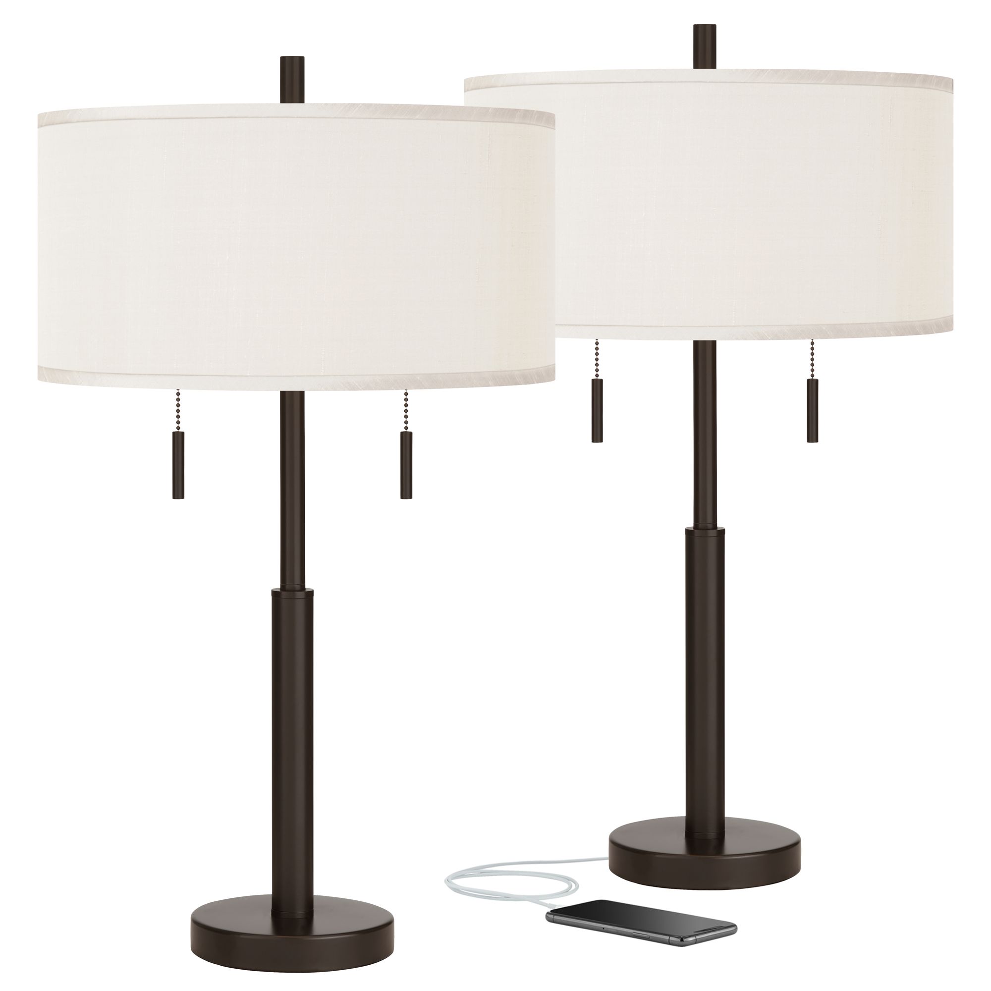 Cream Faux Silk Robbie Bronze USB Table Lamps Set of 2
