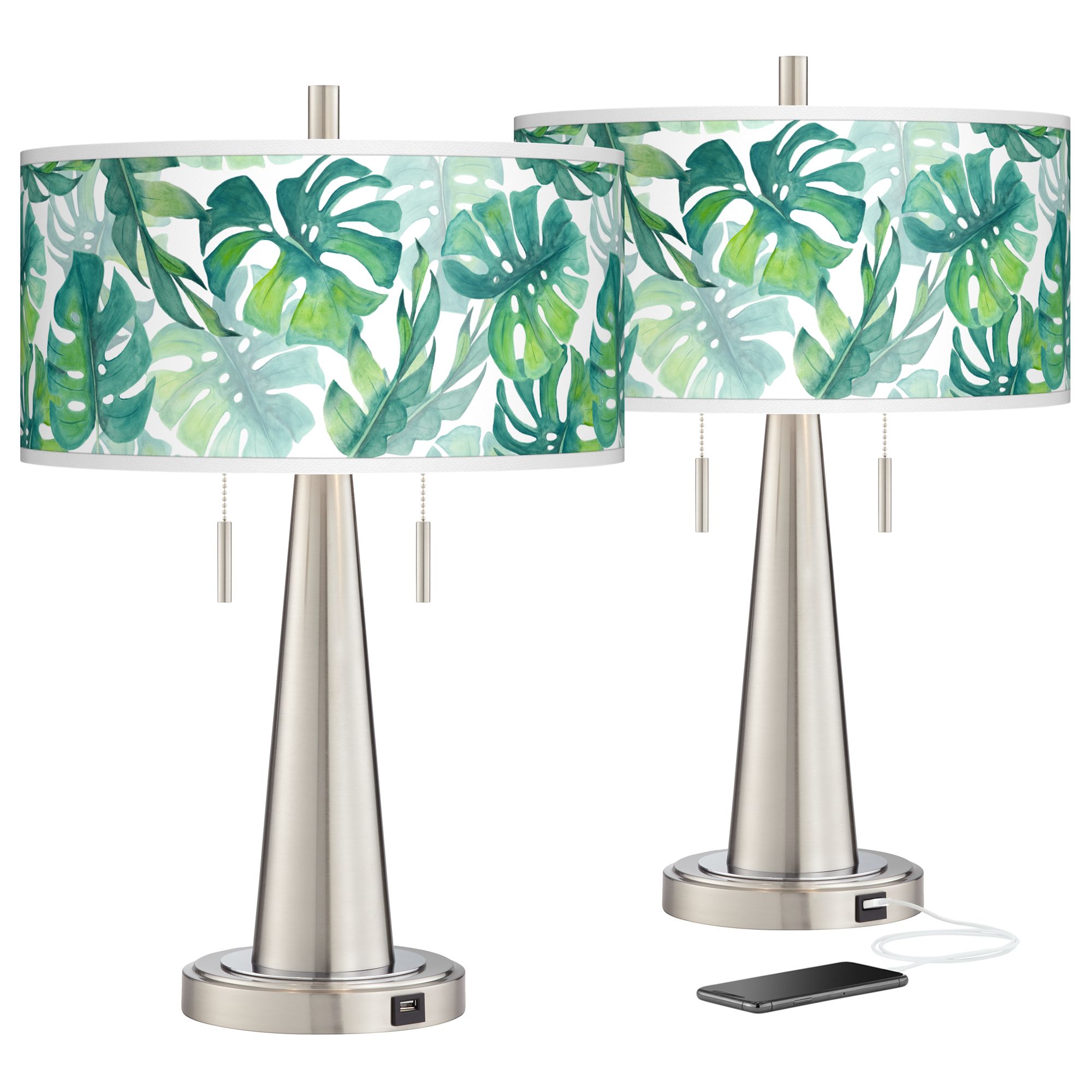 Tropica Vicki Brushed Nickel USB Table Lamps Set of 2