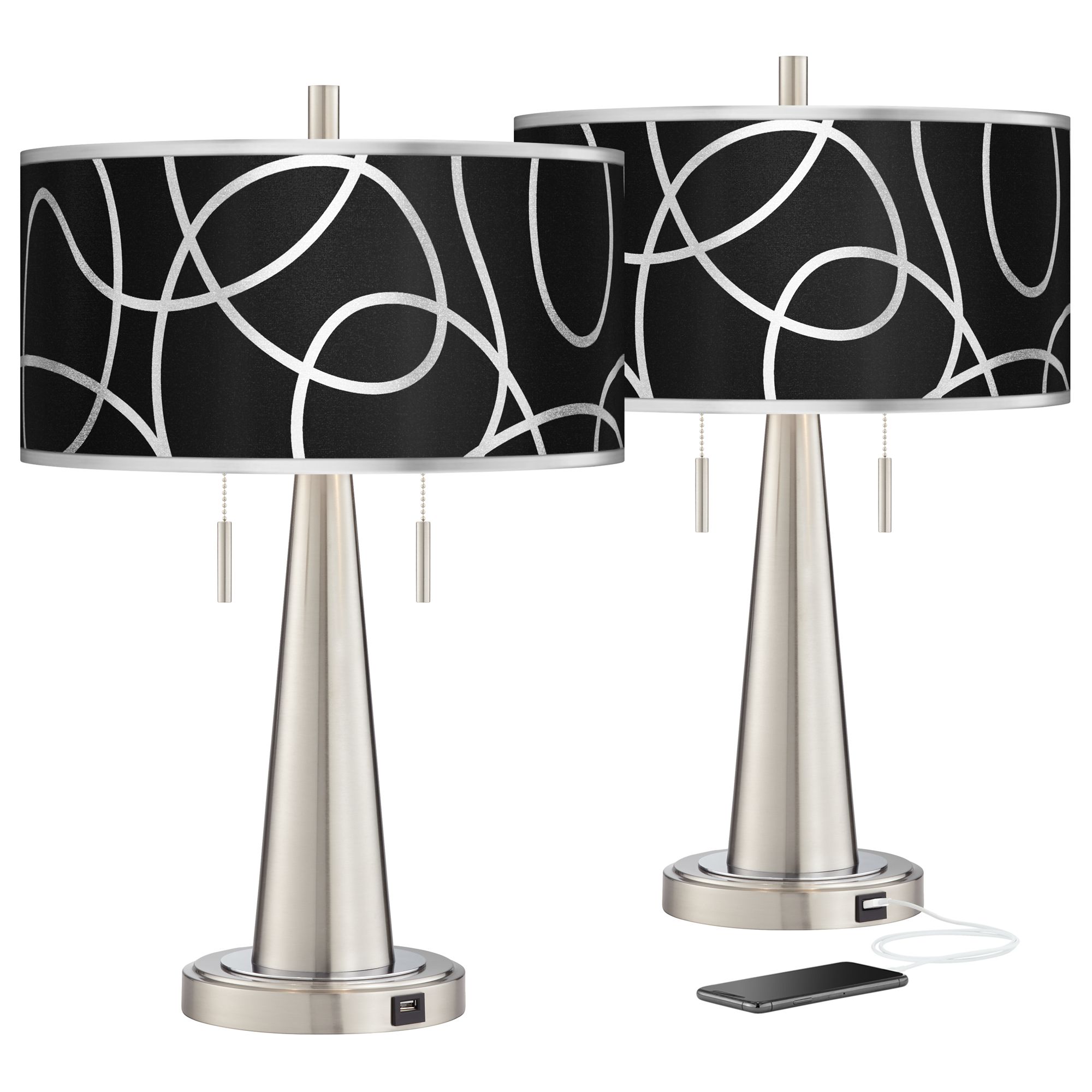 Abstract Silver Metallic Vicki Nickel USB Table Lamps Set of 2