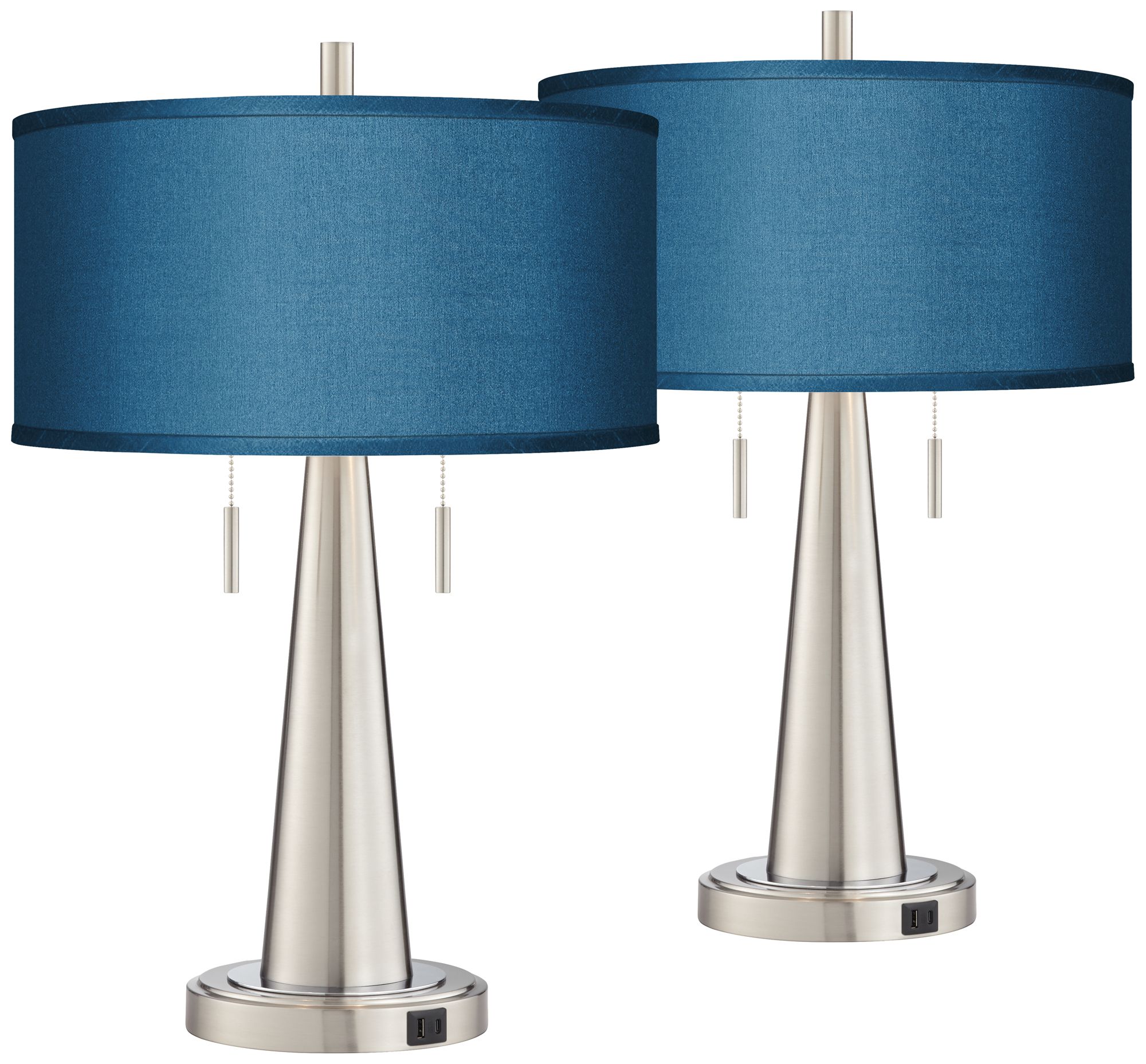 Blue Faux Silk Vicki Brushed Nickel USB Table Lamps Set of 2
